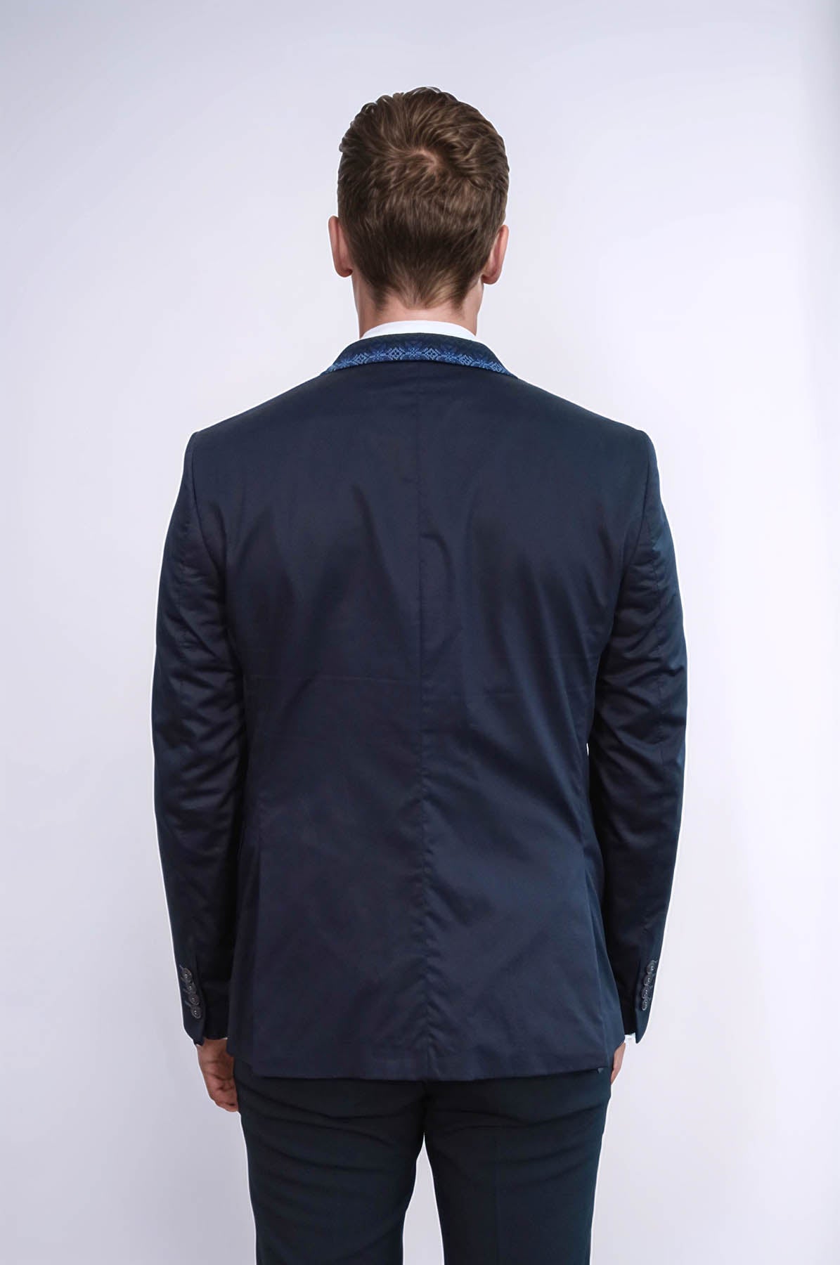 Double Buttons Knit Collar Mono Lapel Navy Blue Jacket-Wessi