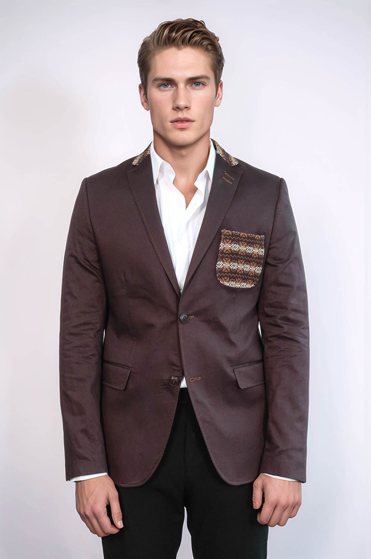 Double Buttons Knit Collar Mono Lapel Brown Jacket-Wessi