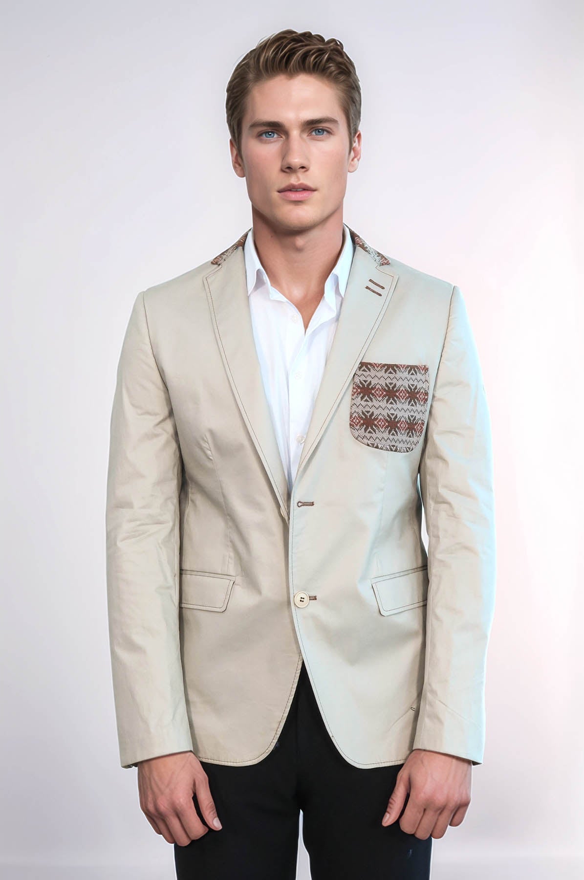 Double Buttons Knit Collar Mono Lapel Beige Jacket-Wessi