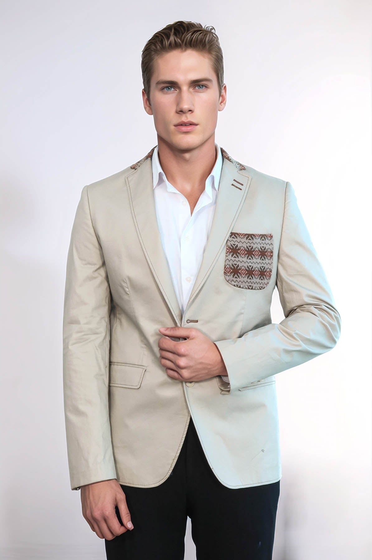 Double Buttons Knit Collar Mono Lapel Beige Jacket-Wessi
