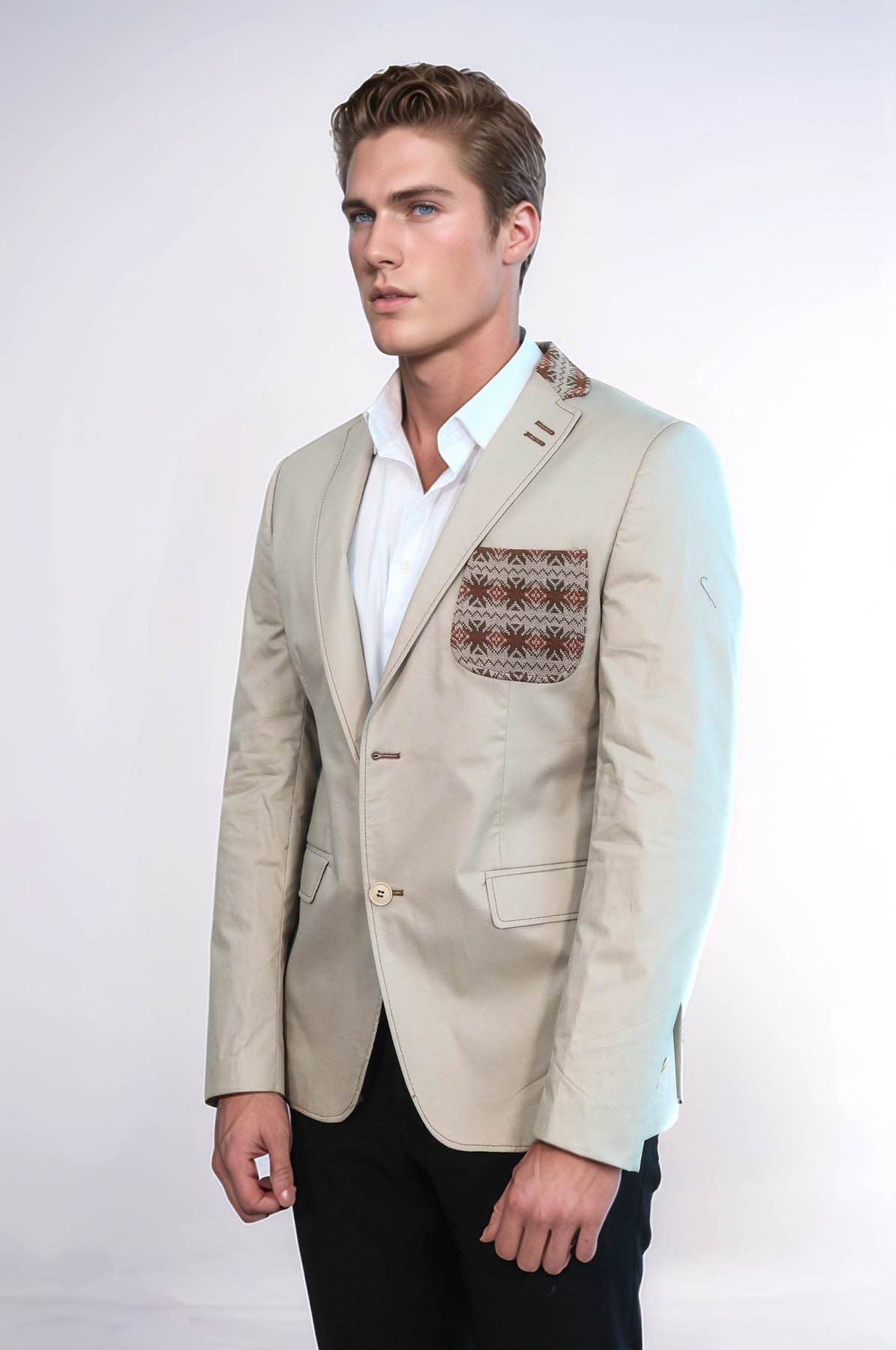 Double Buttons Knit Collar Mono Lapel Beige Jacket-Wessi