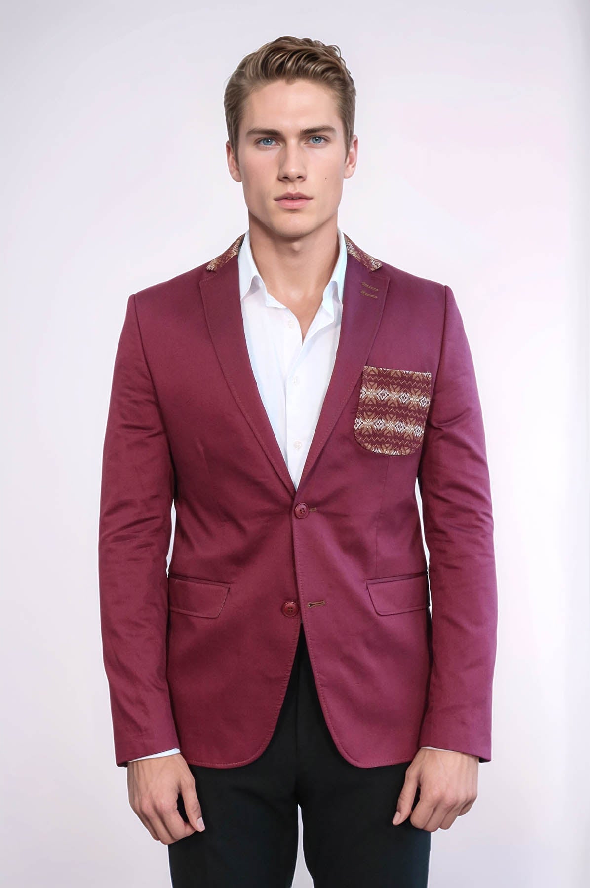 KOALA SYDNEY Double Buttons Knit Collar Mono Lapel Burgundy Jacket-Wessi