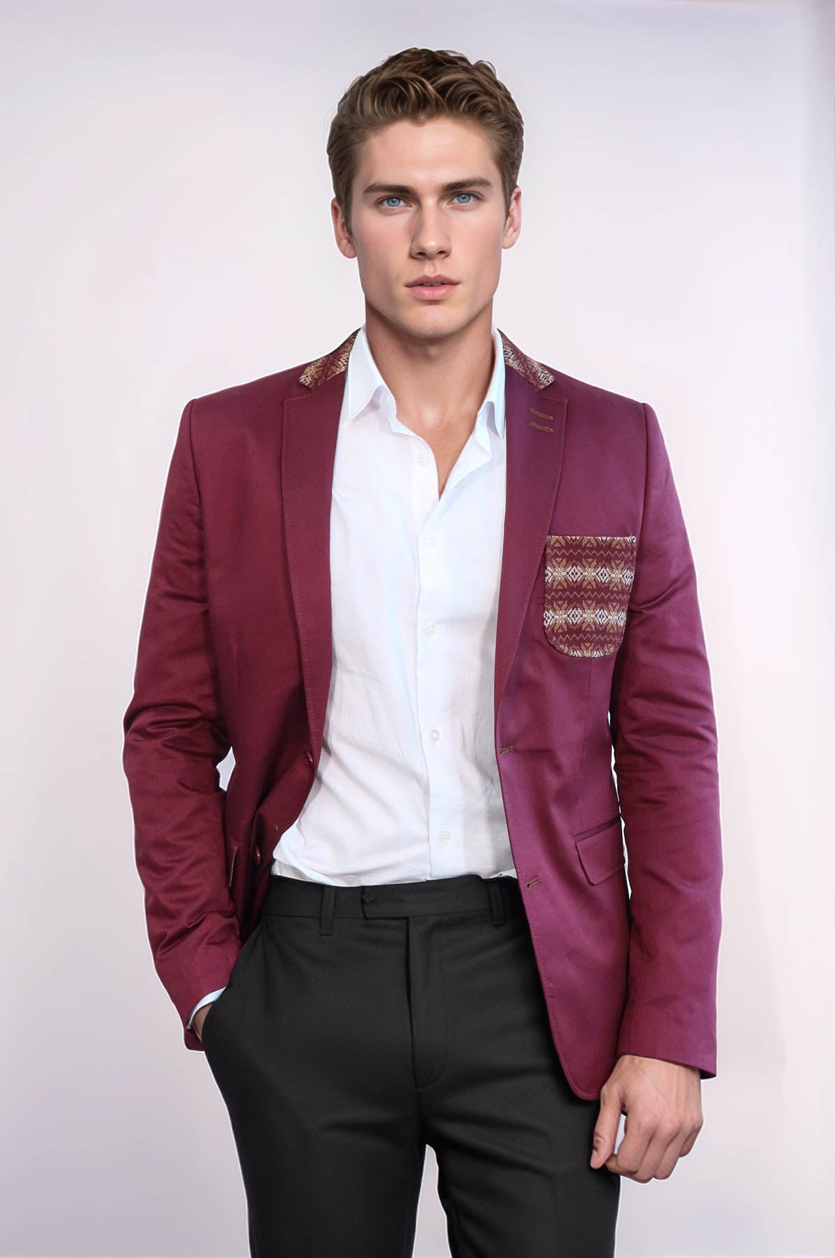 KOALA SYDNEY Double Buttons Knit Collar Mono Lapel Burgundy Jacket-Wessi