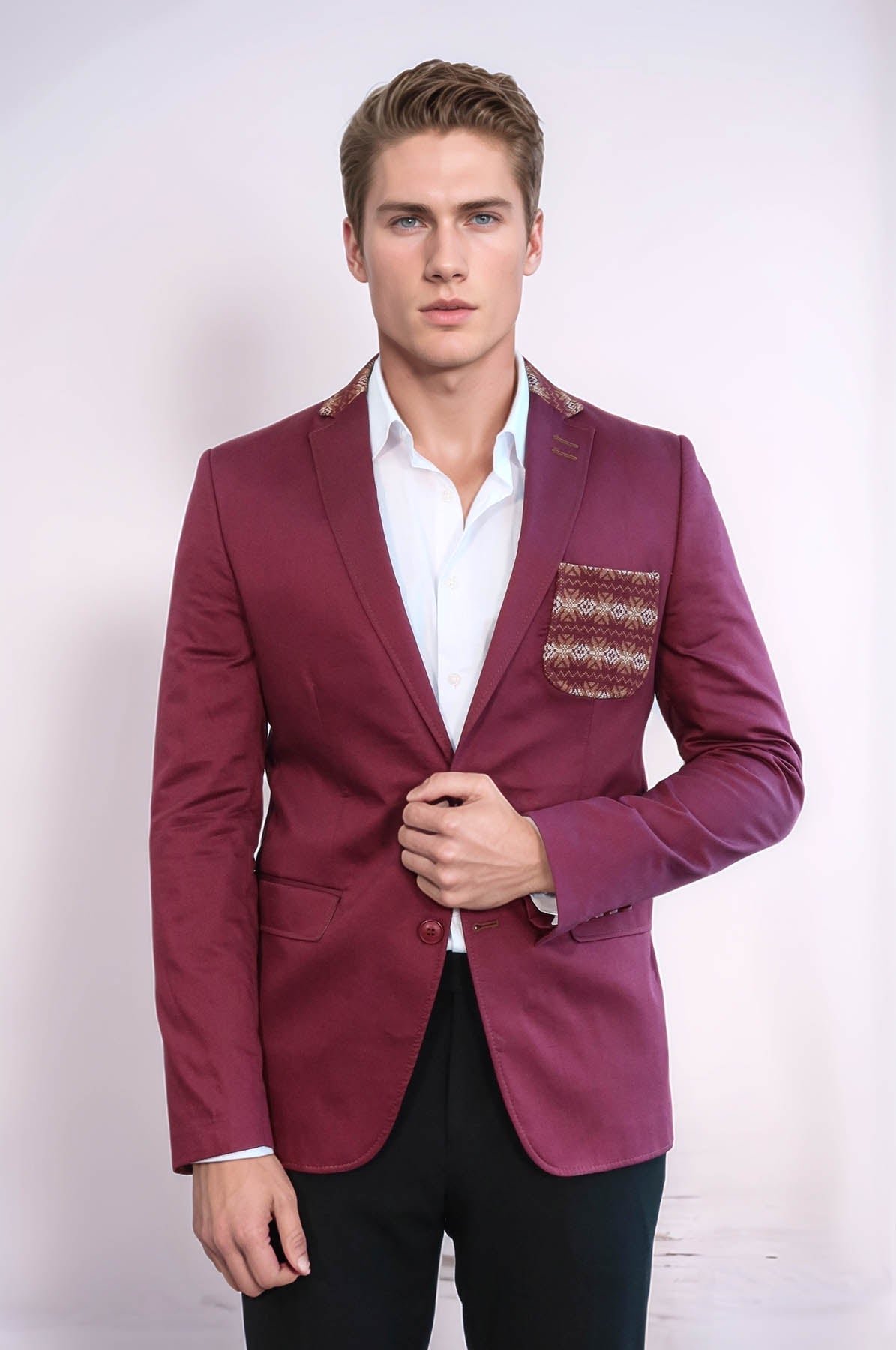 KOALA SYDNEY Double Buttons Knit Collar Mono Lapel Burgundy Jacket-Wessi
