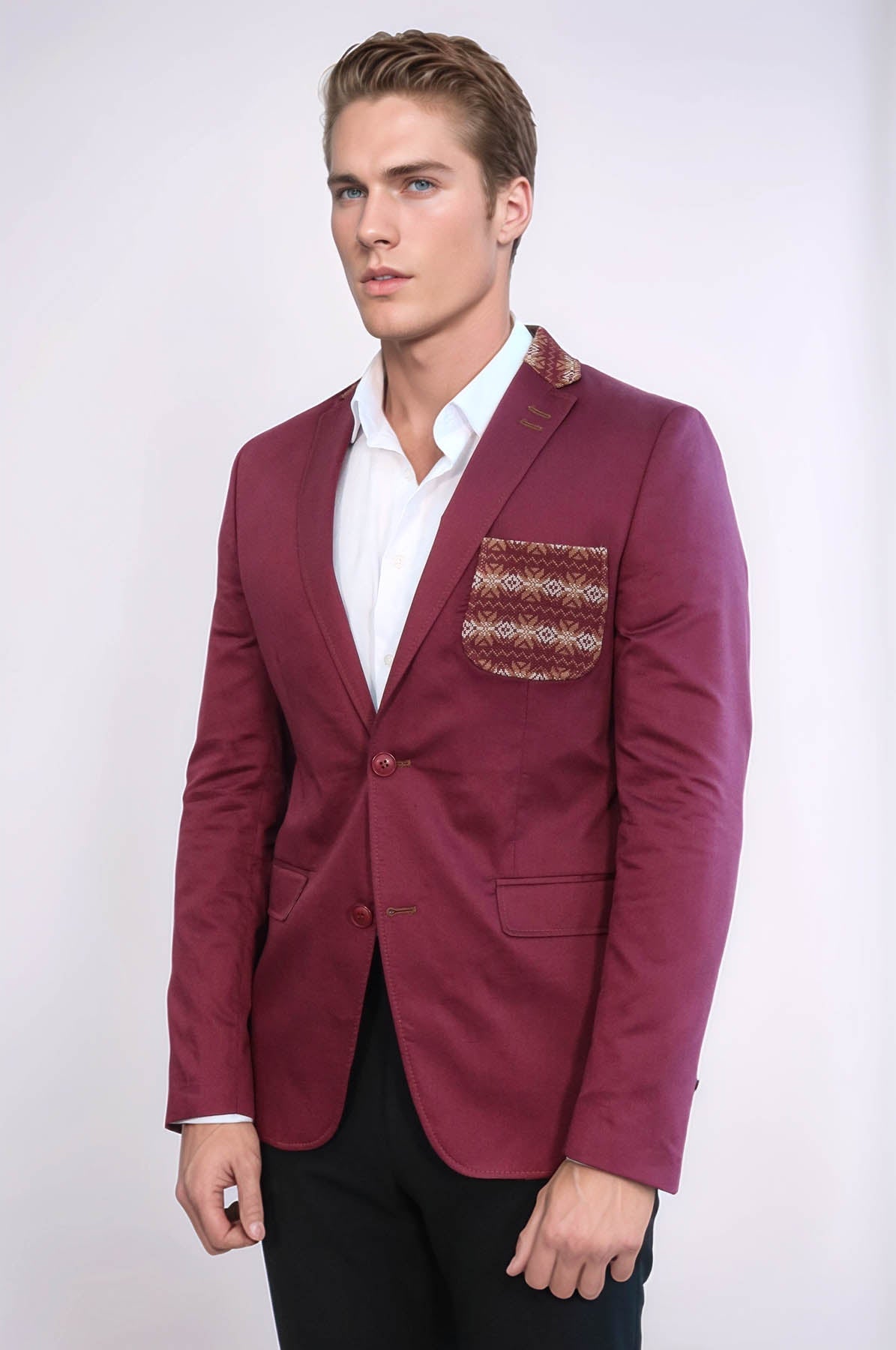 KOALA SYDNEY Double Buttons Knit Collar Mono Lapel Burgundy Jacket-Wessi