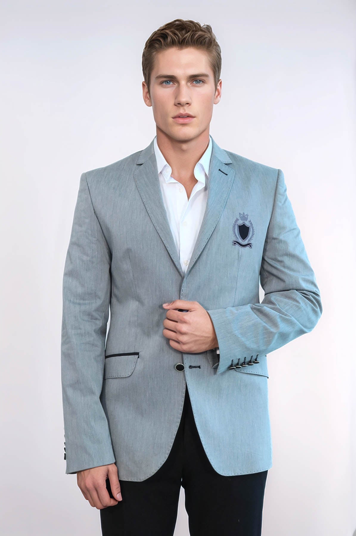 Double Button Mono Lapel Crested Grey Jacket-Wessi