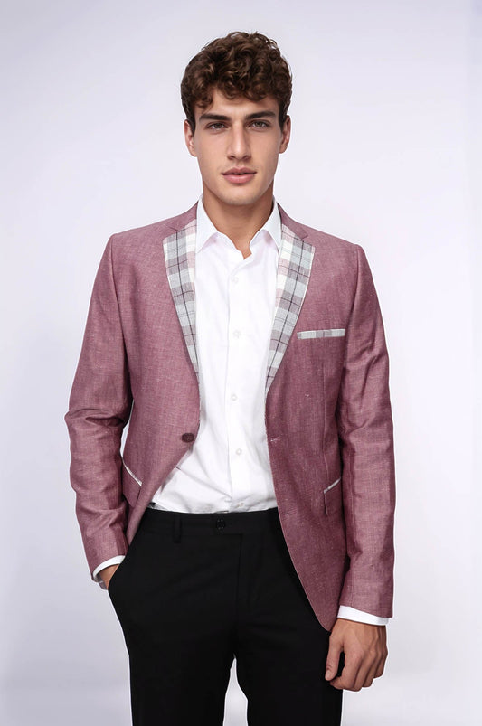 Pocket and Collar Plaid Mens Linnen Burgundy Blazer