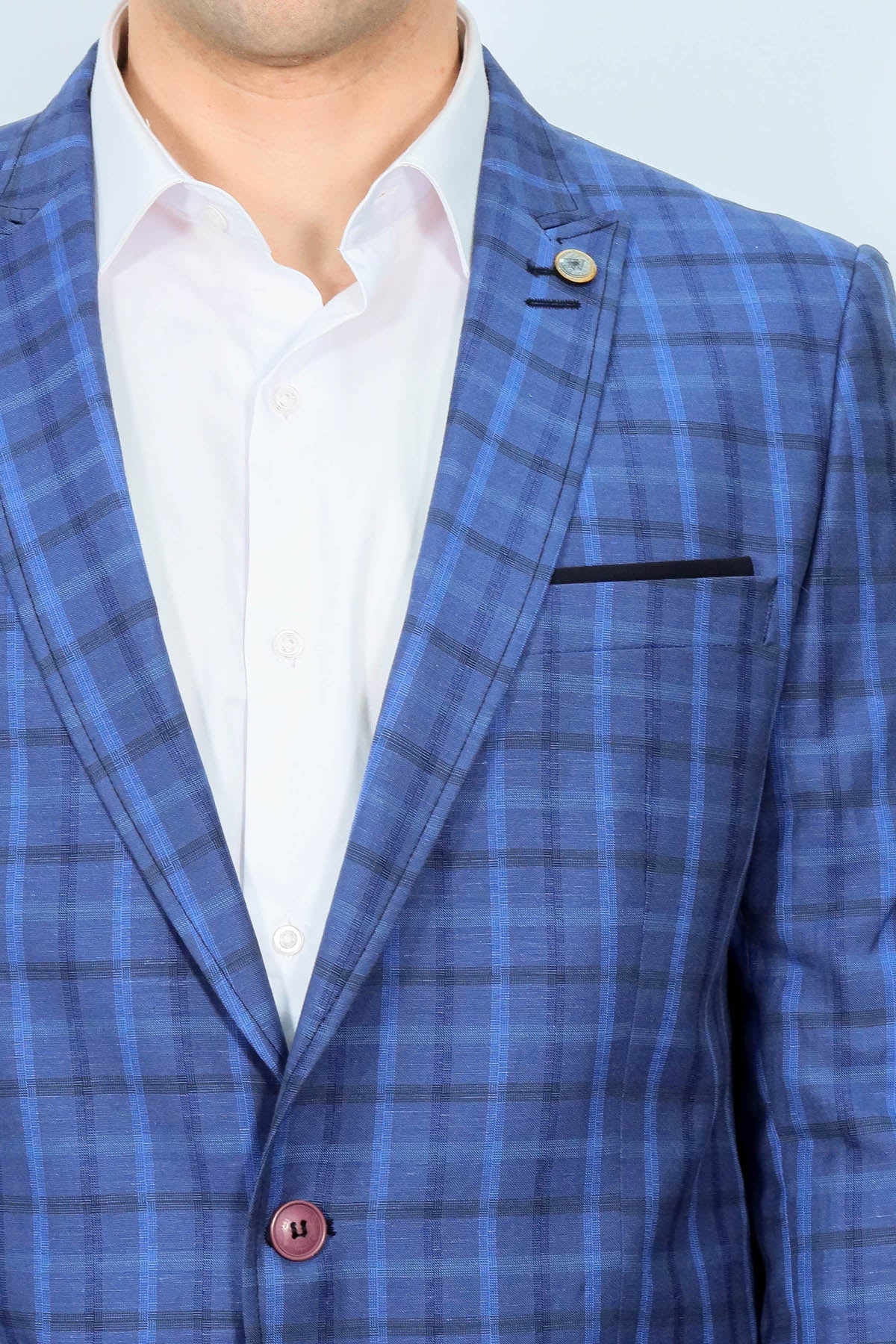 KOALA SYDNEY Single Button Pointed Collar Plaid Navy Blue Jacket-Wessi