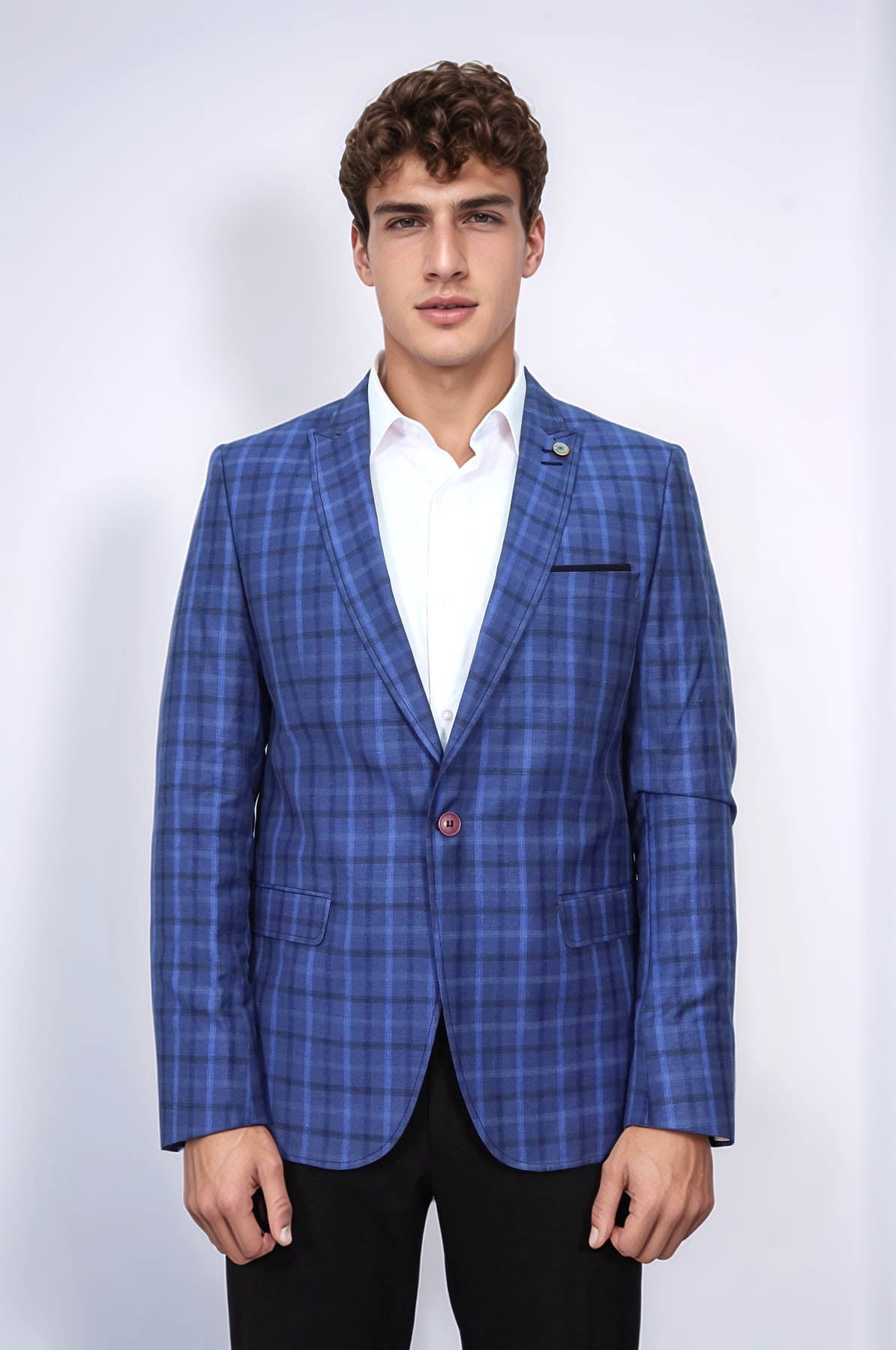 KOALA SYDNEY Single Button Pointed Collar Plaid Navy Blue Jacket-Wessi