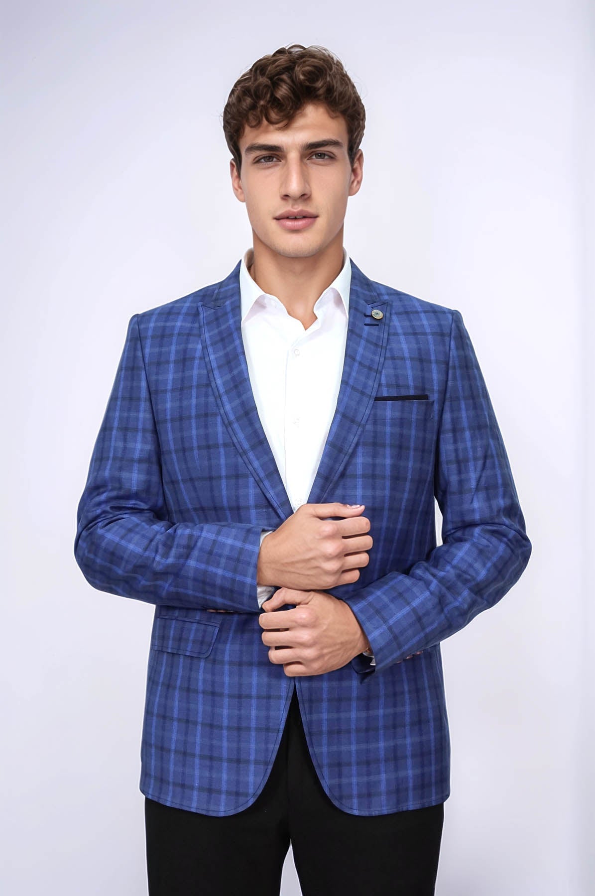 KOALA SYDNEY Single Button Pointed Collar Plaid Navy Blue Jacket-Wessi