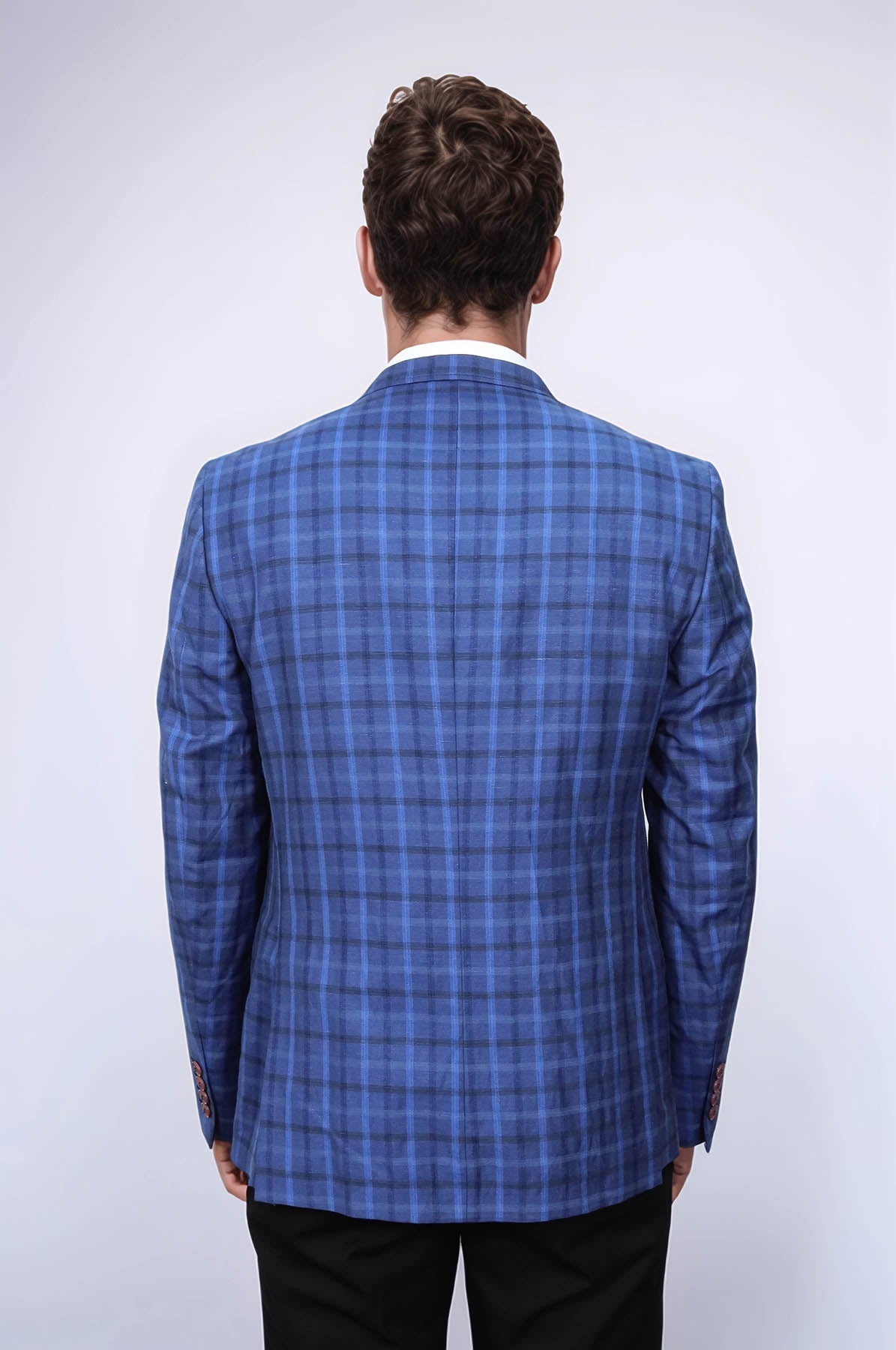 KOALA SYDNEY Single Button Pointed Collar Plaid Navy Blue Jacket-Wessi