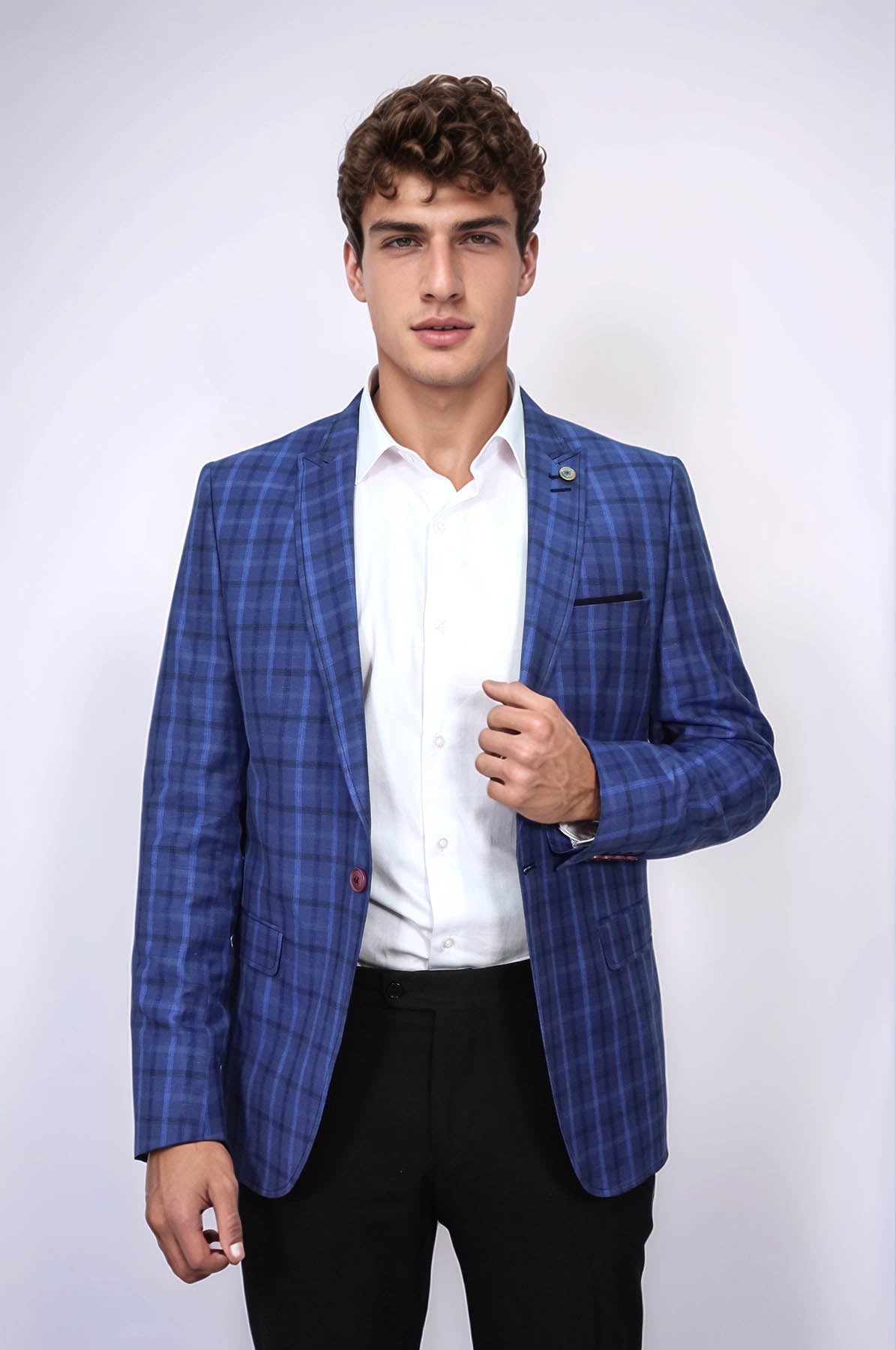 KOALA SYDNEY Single Button Pointed Collar Plaid Navy Blue Jacket-Wessi