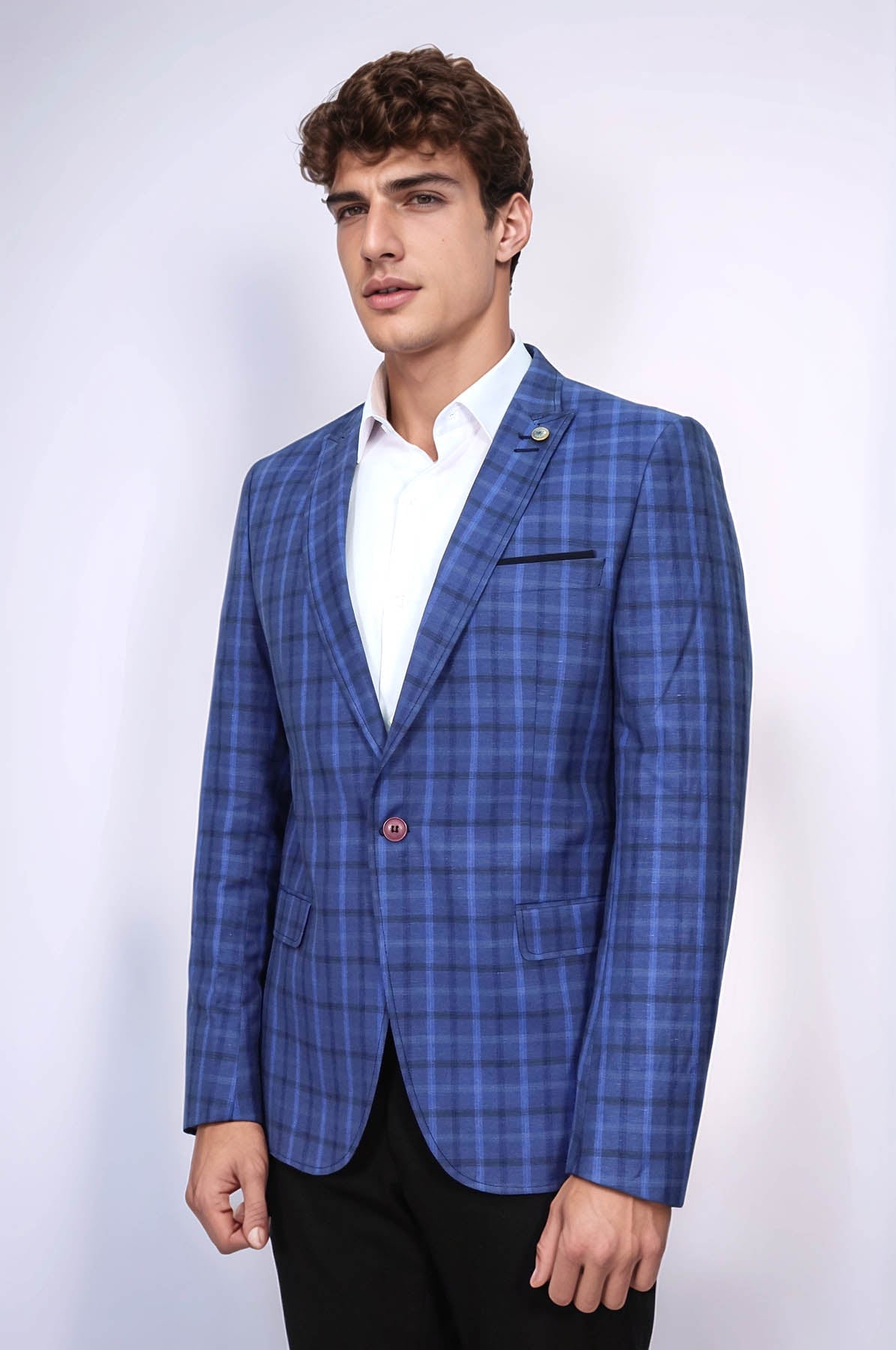 KOALA SYDNEY Single Button Pointed Collar Plaid Navy Blue Jacket-Wessi