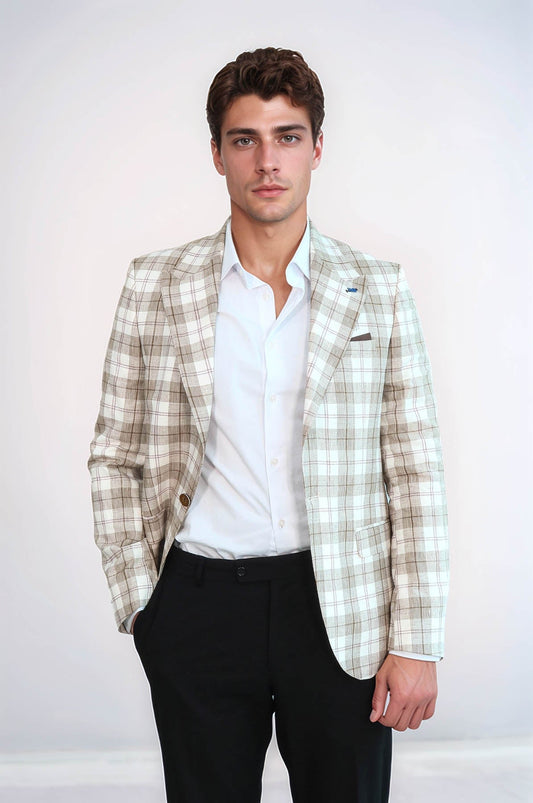 Single Button Wide Pointed Collar Beige Blazer
