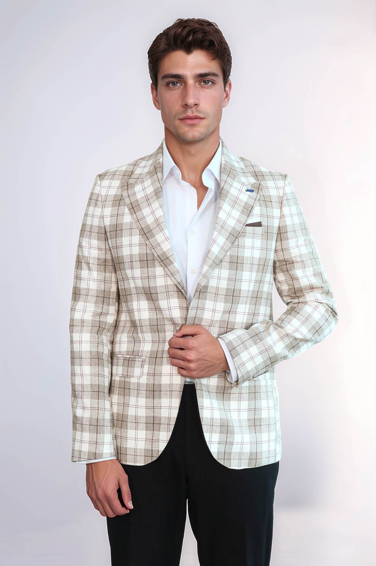 Single Button Wide Pointed Collar Beige Blazer - Wessi