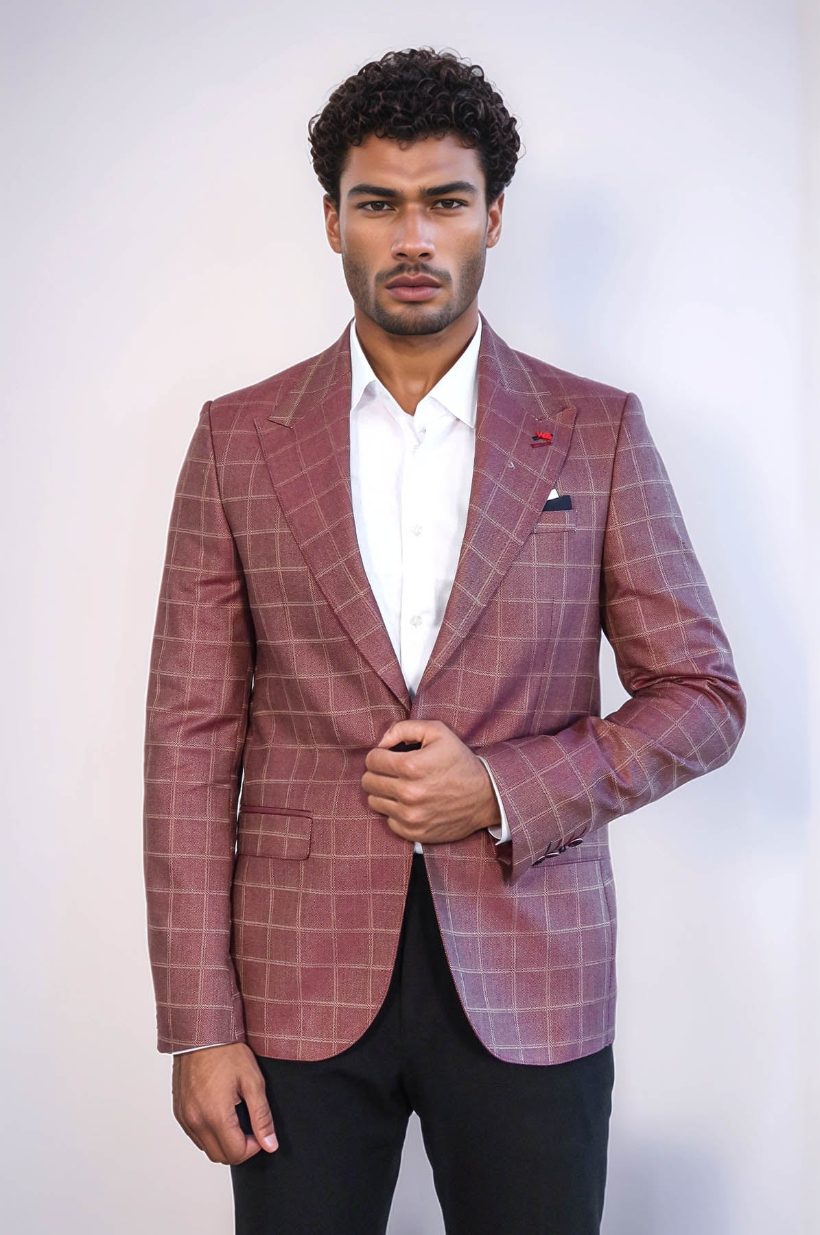 Single Button Wide Pointed Collar Burgundy Blazer - Wessi