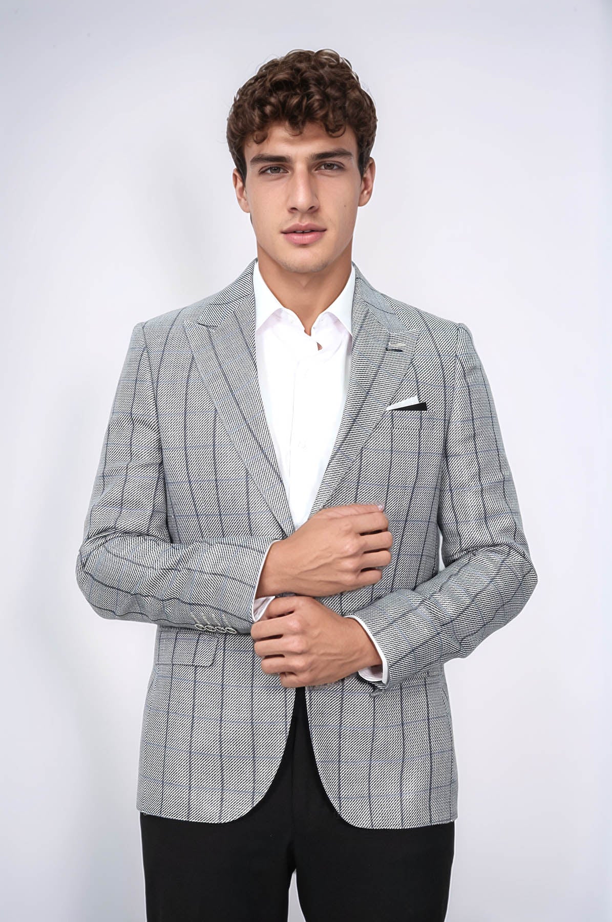 Single Button Pointed Collar Grey Blazer - Wessi