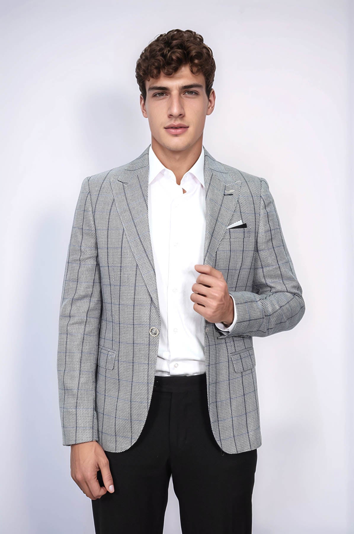 Single Button Pointed Collar Grey Blazer - Wessi