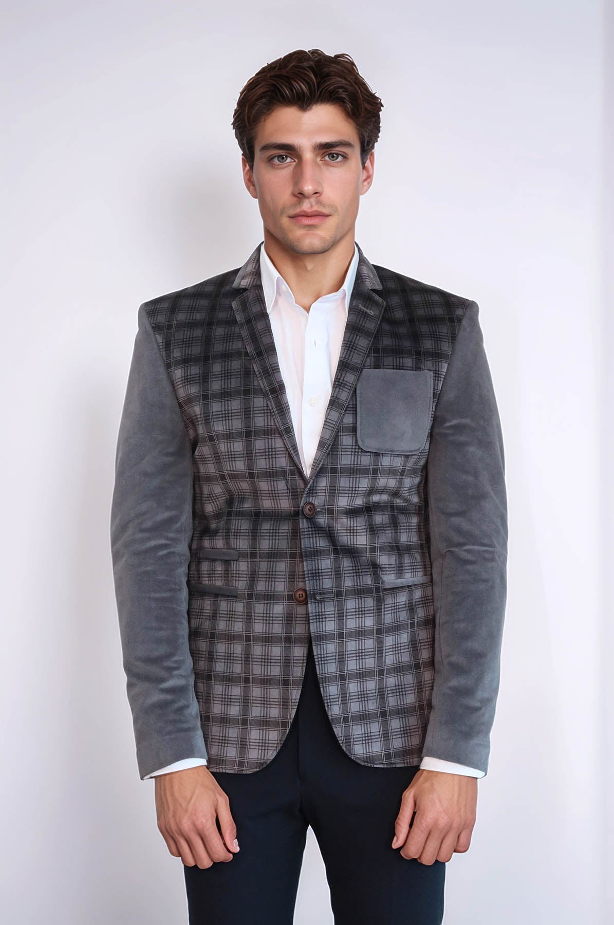Plaid Sleeve Plaid Chest Smoked Velvet Blazer