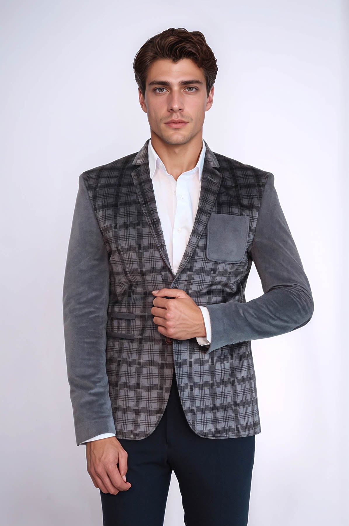 Plaid Sleeve Plaid Chest Smoked Velvet Blazer