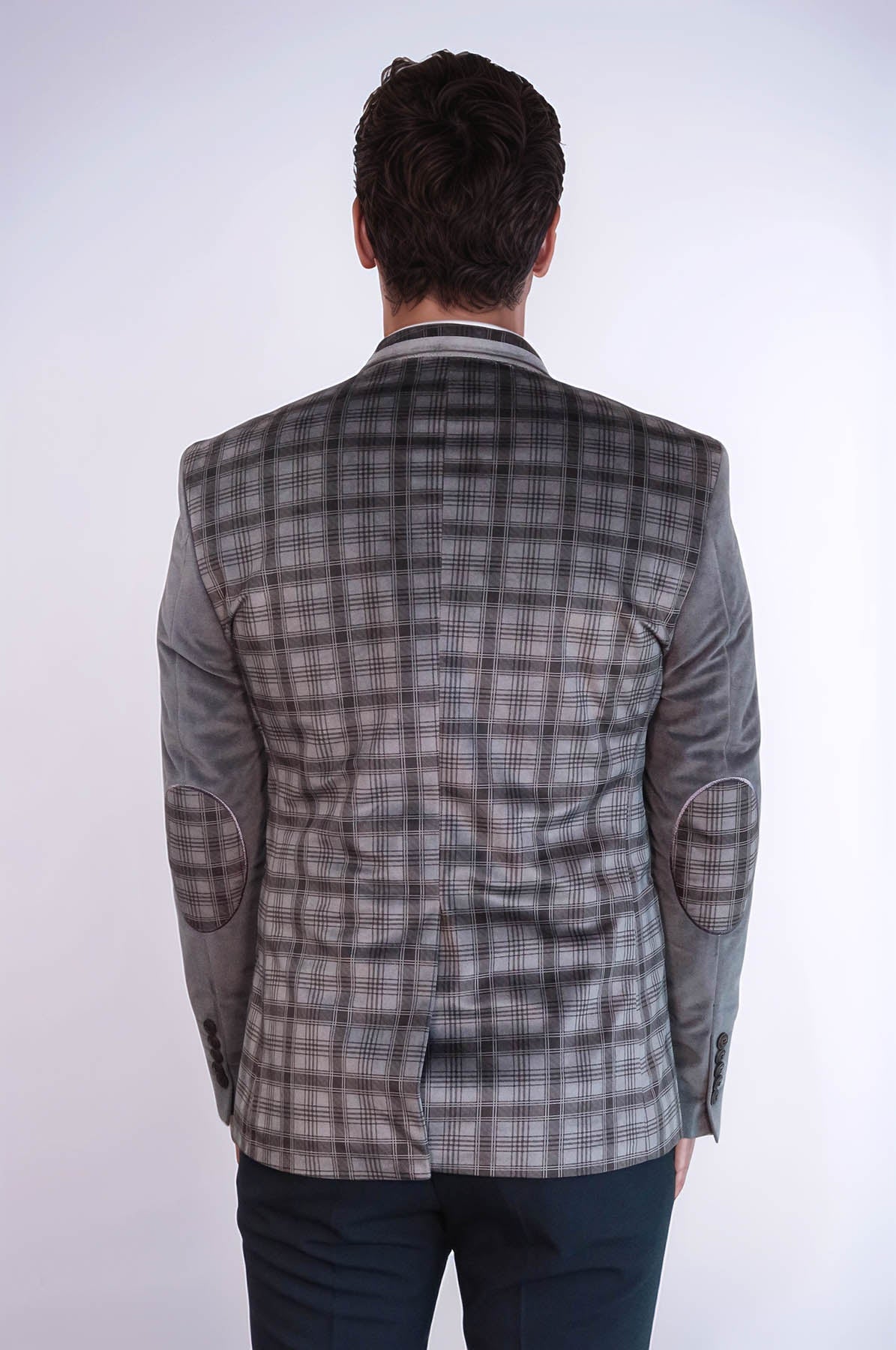 Plaid Sleeve Plaid Chest Smoked Velvet Blazer