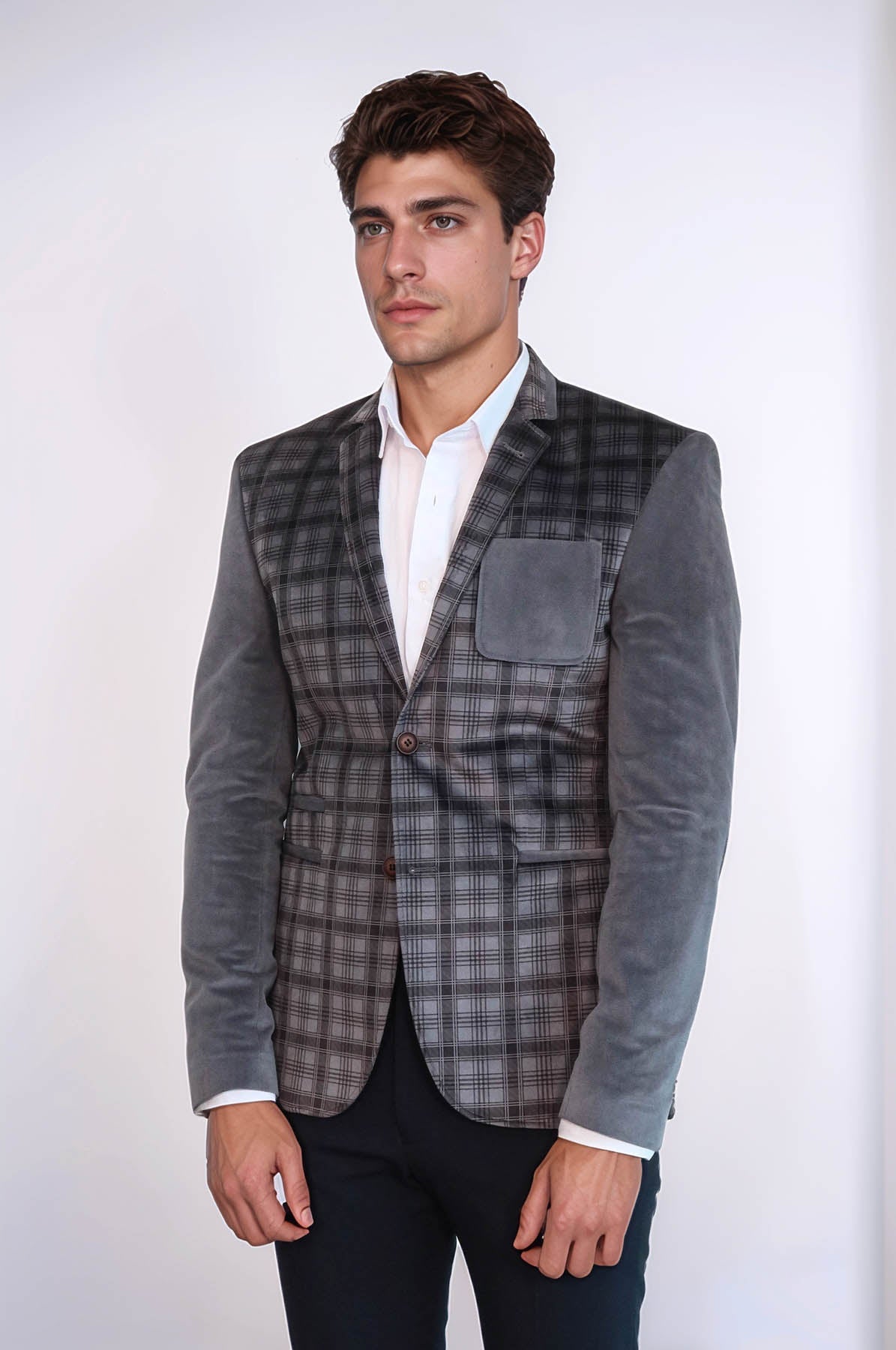 Plaid Sleeve Plaid Chest Smoked Velvet Blazer