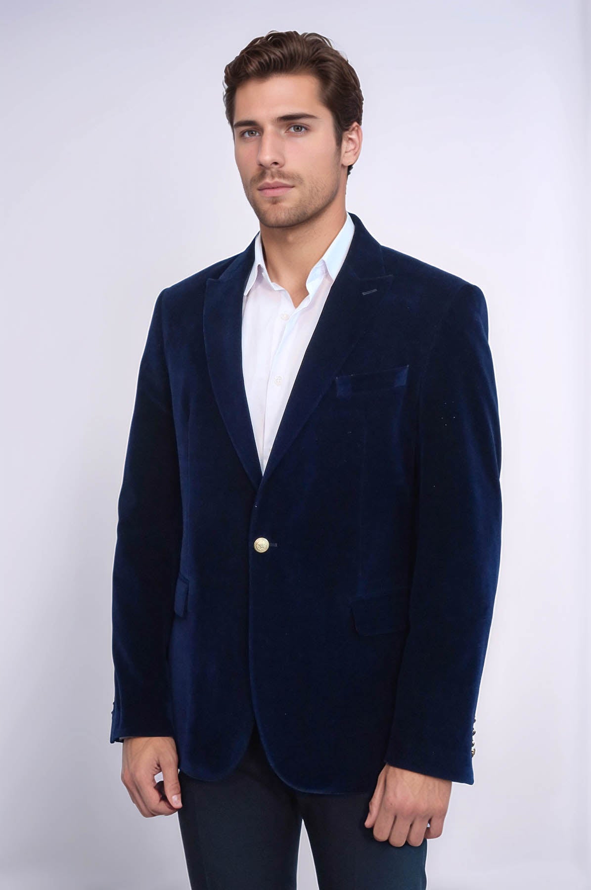 KOALA SYDNEY Wide Peak Lapel Velvet Navy Blue Blazer