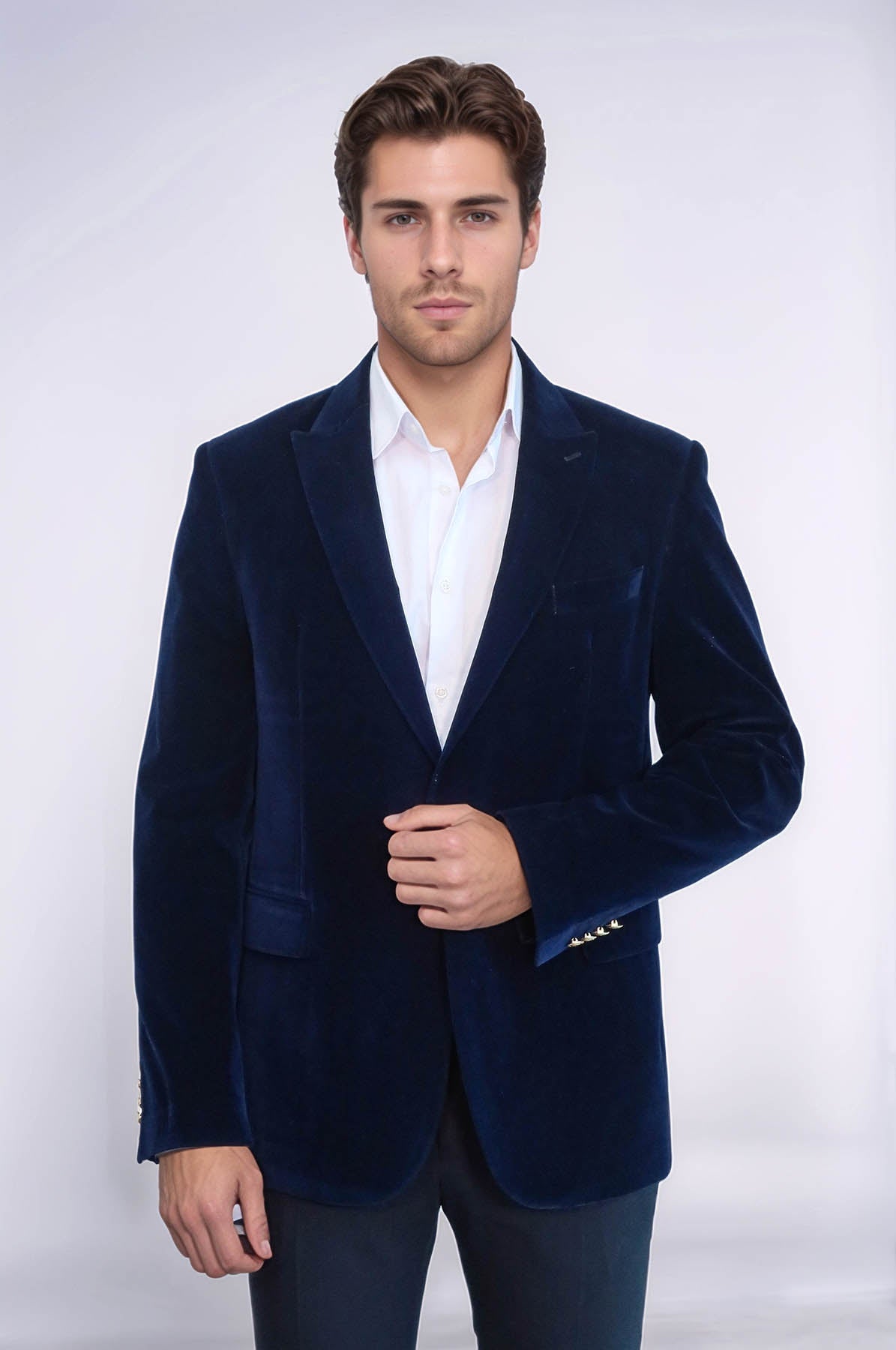 Wide Peak Lapel Velvet Navy Blue Blazer - Wessi