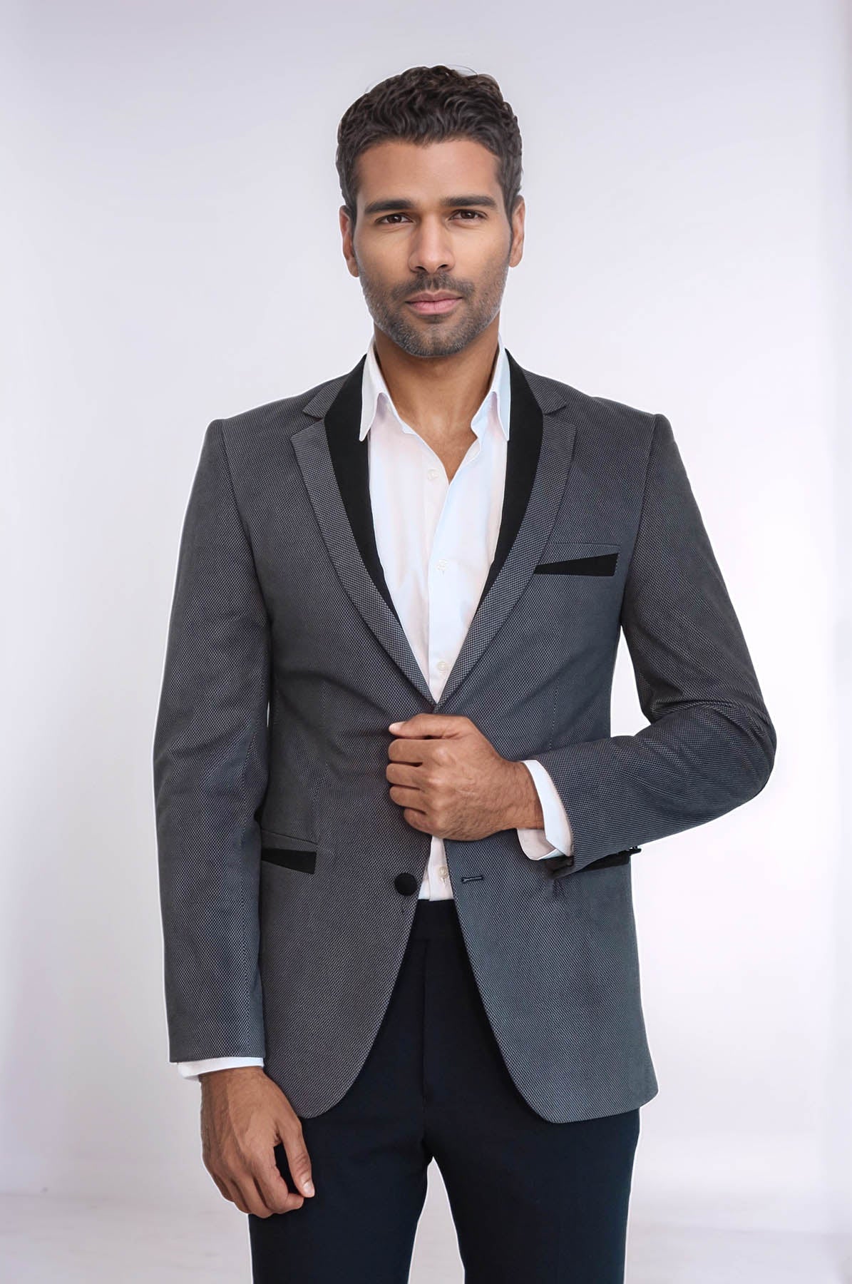 2 Buttons Pocket Piping Velvet Grey Jacket