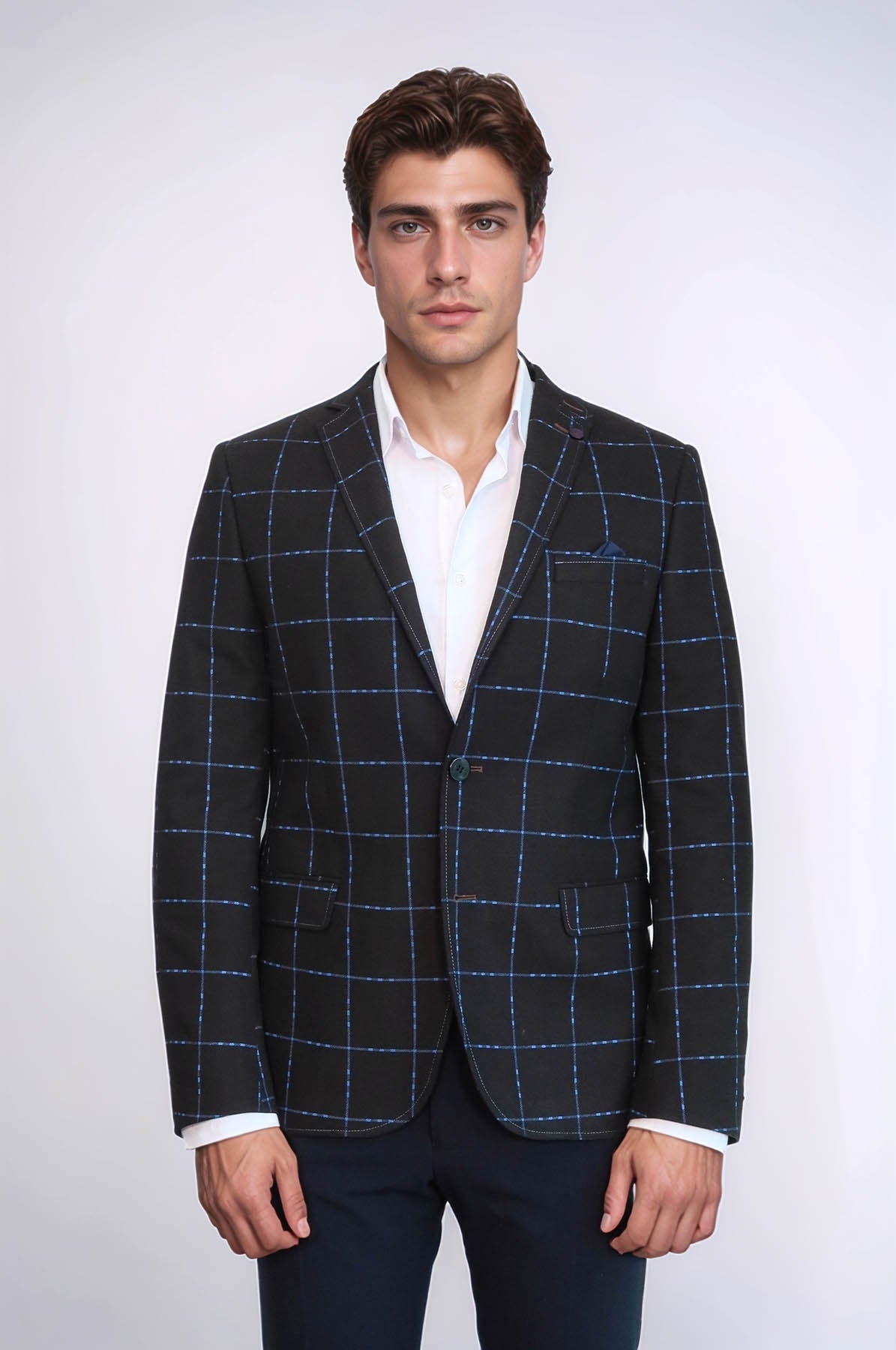 2 Button Plaid Wool Brown Jacket-Wessi
