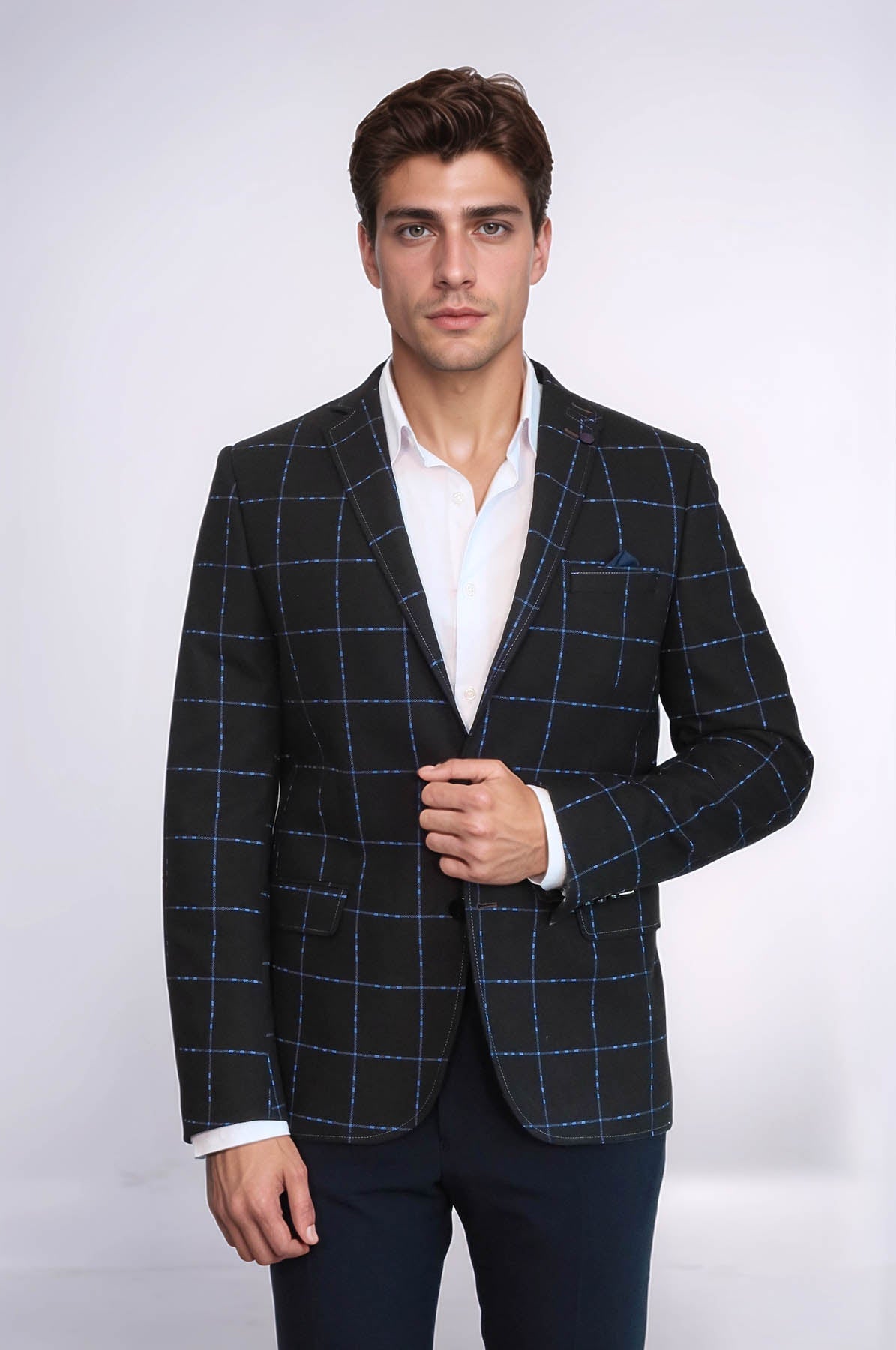 2 Button Plaid Wool Brown Jacket-Wessi