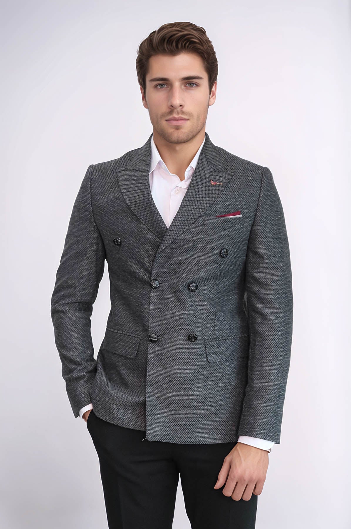 Double Breasted Slim Fit Grey Blazer - Wessi