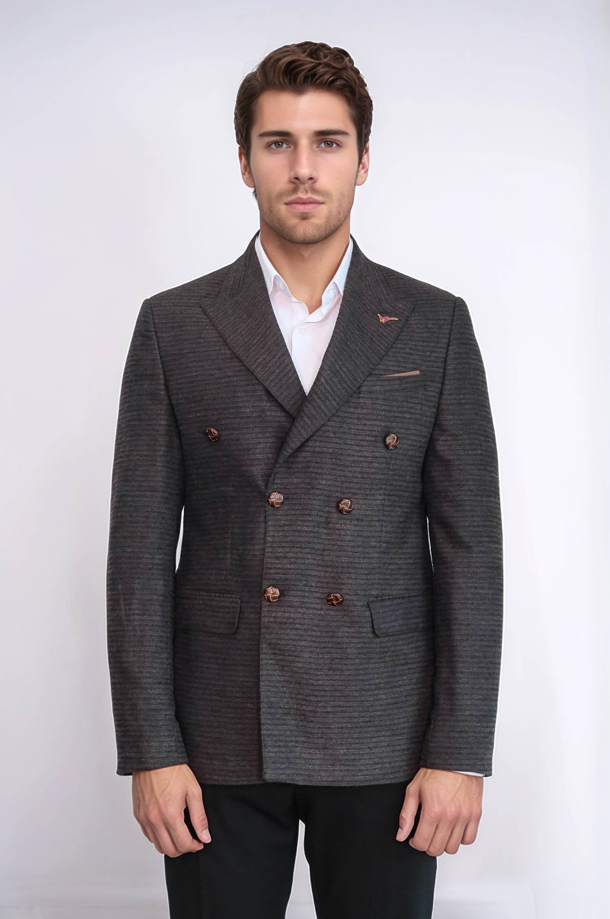 Double Breasted Slim Fit Brown Blazer