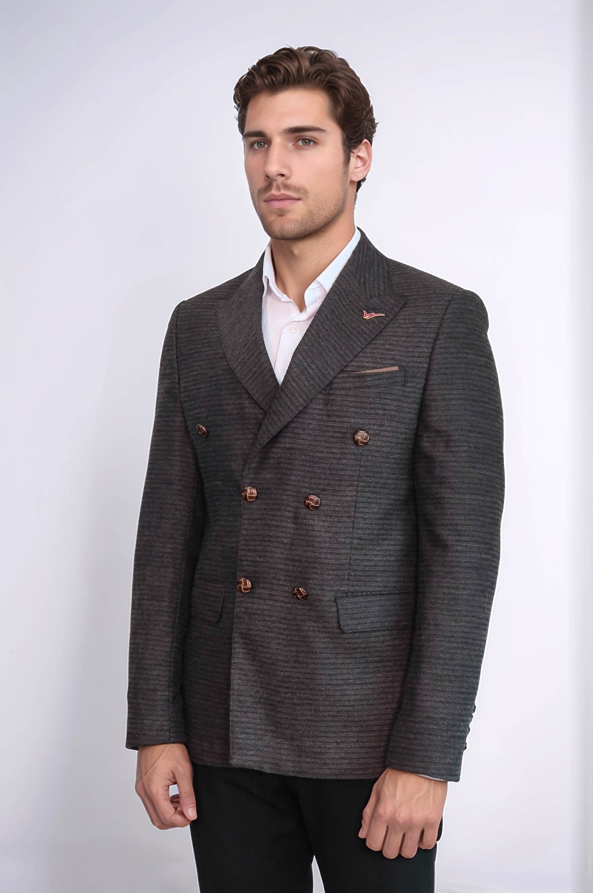 Double Breasted Slim Fit Brown Blazer