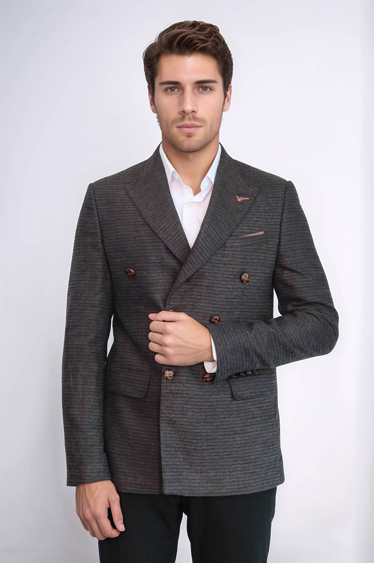 Double Breasted Slim Fit Brown Blazer