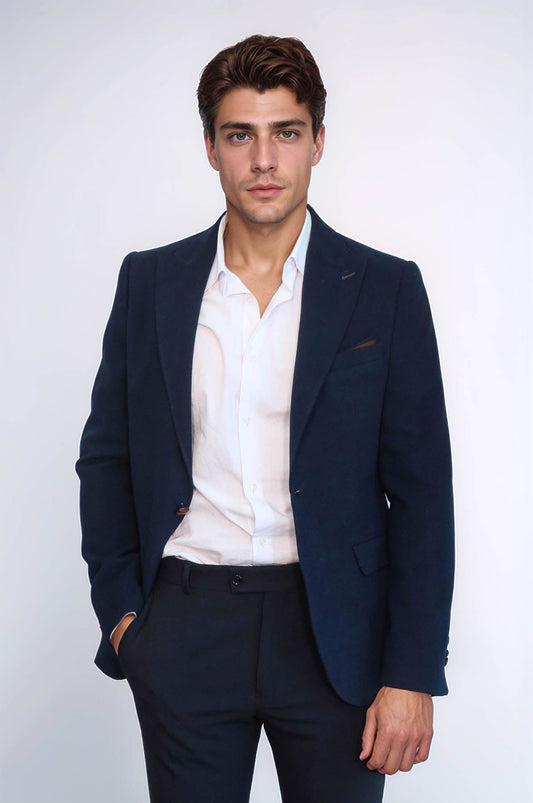 Single Button Pointed Collar Navy Blue Blazer