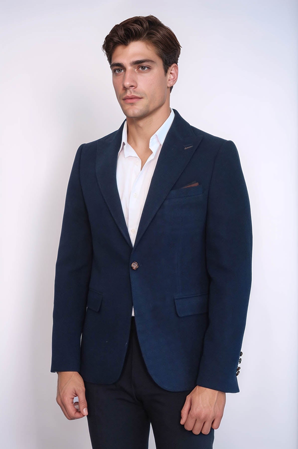 Single Button Pointed Collar Navy Blue Blazer - Wessi