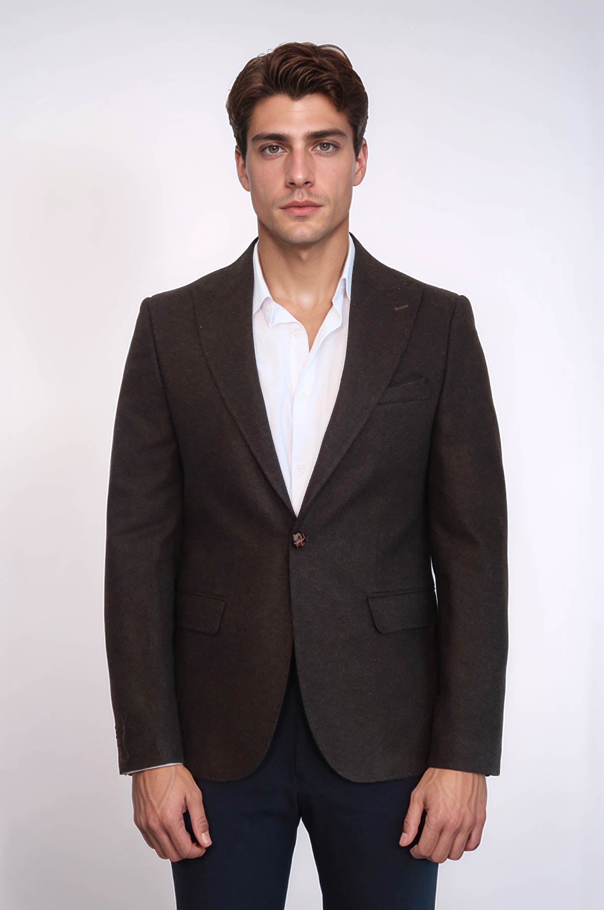Single Button Pointed Wide Collar Brown Blazer
