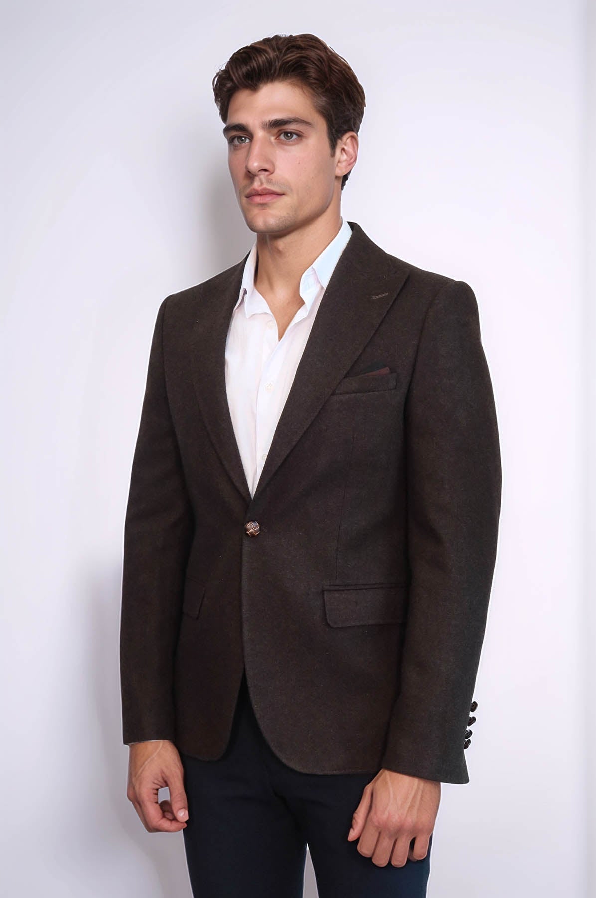Single Button Pointed Wide Collar Brown Blazer