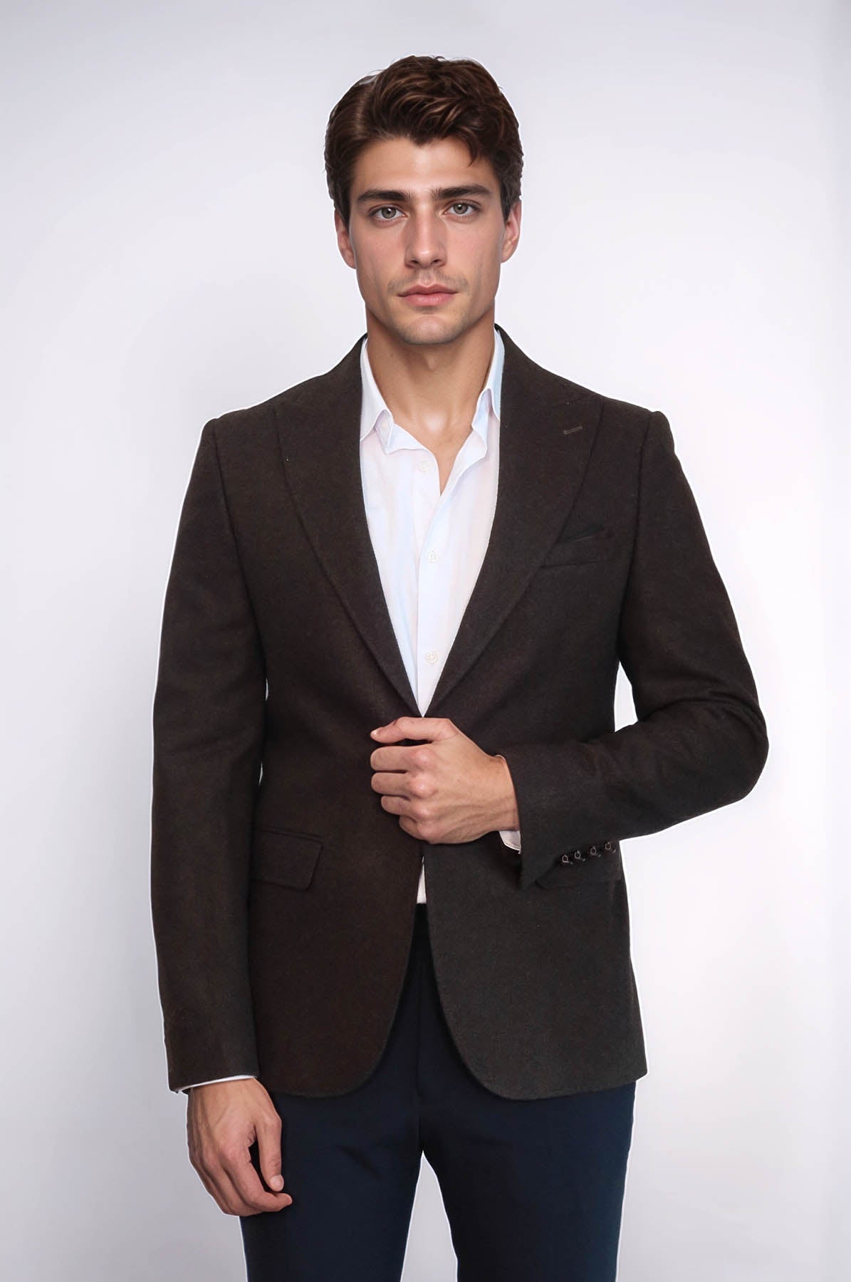 Single Button Pointed Wide Collar Brown Blazer