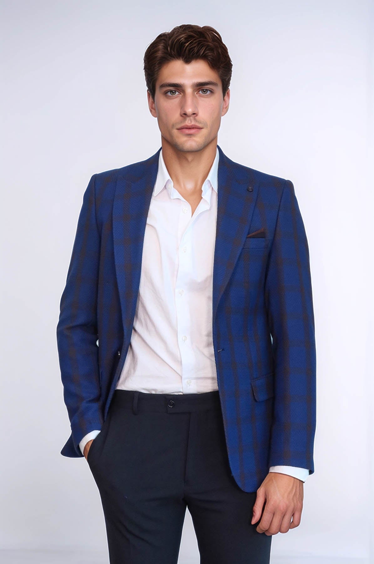 KOALA SYDNEY Double Breasted Pointed Collar Plaid Bast Blue Jacket-Wessi