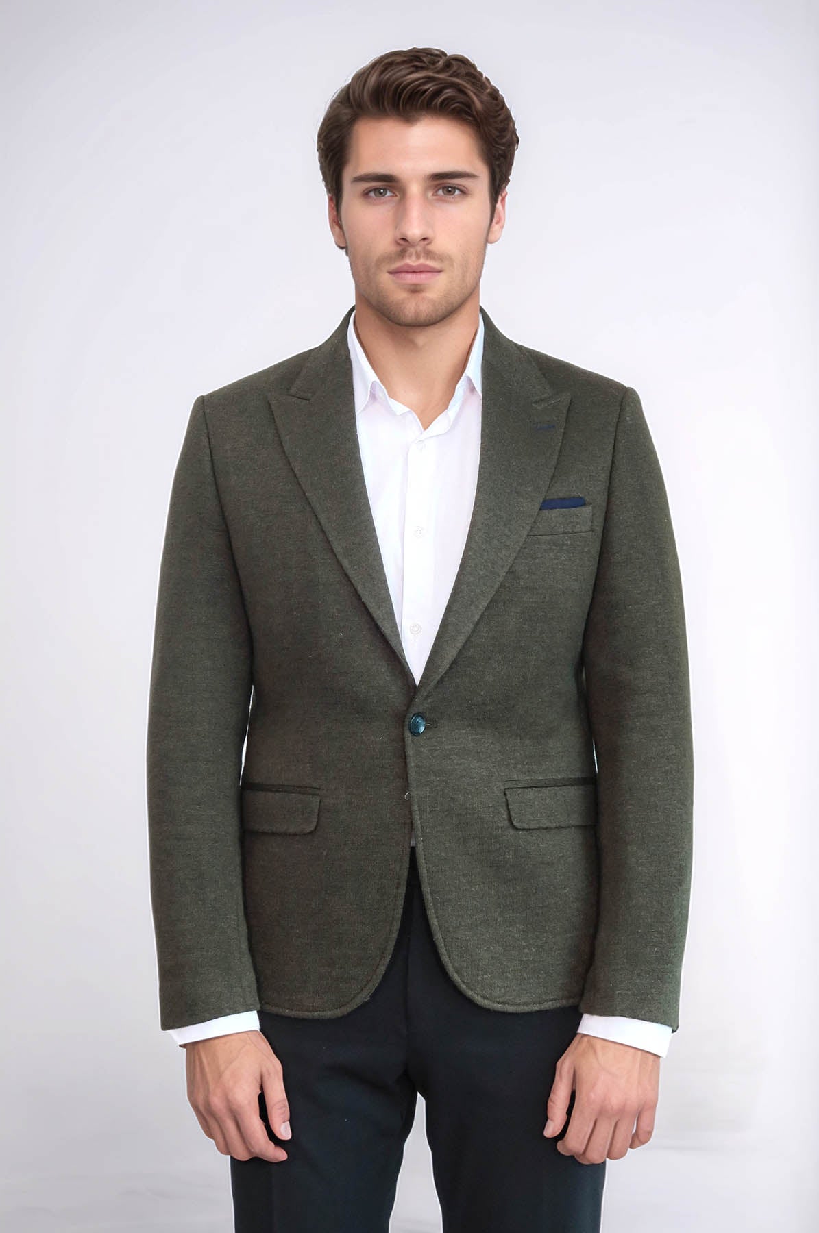 Peak Lapel Dark Green Wool Jacket - Wessi