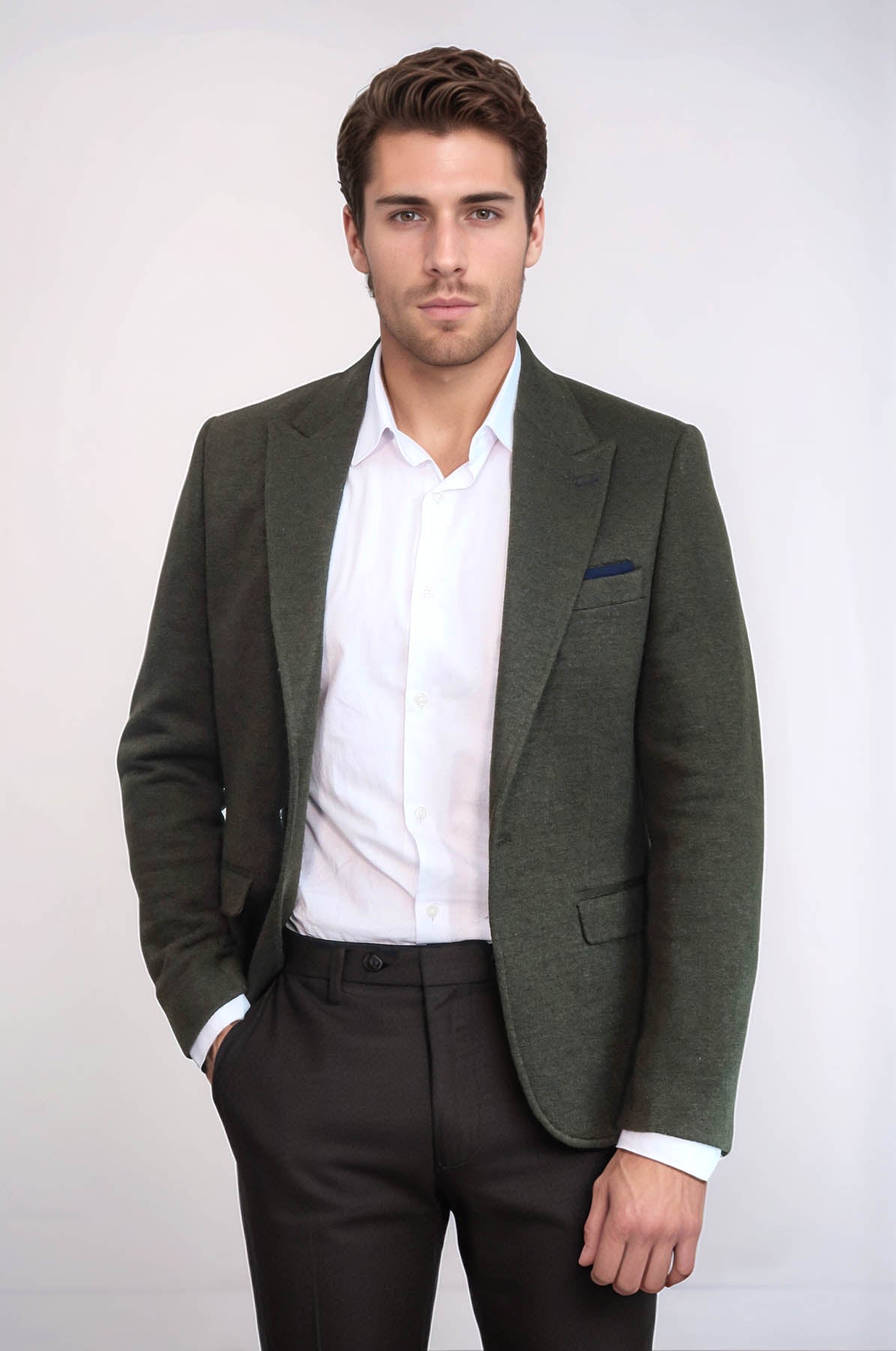 Peak Lapel Dark Green Wool Jacket - Wessi