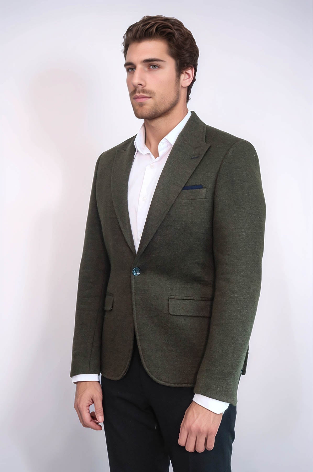 Peak Lapel Dark Green Wool Jacket - Wessi