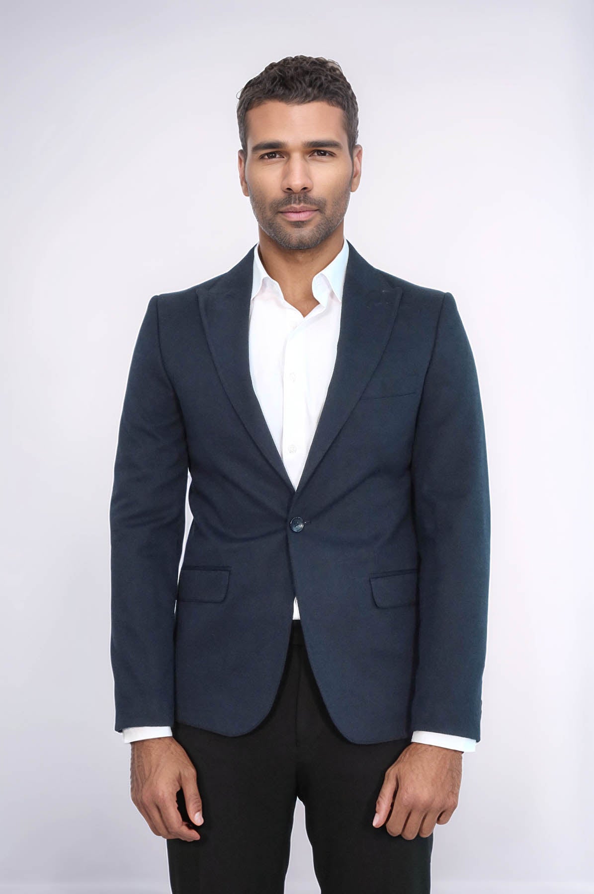 Peak Lapel Single Button Plain Navy Blue Men Blazer