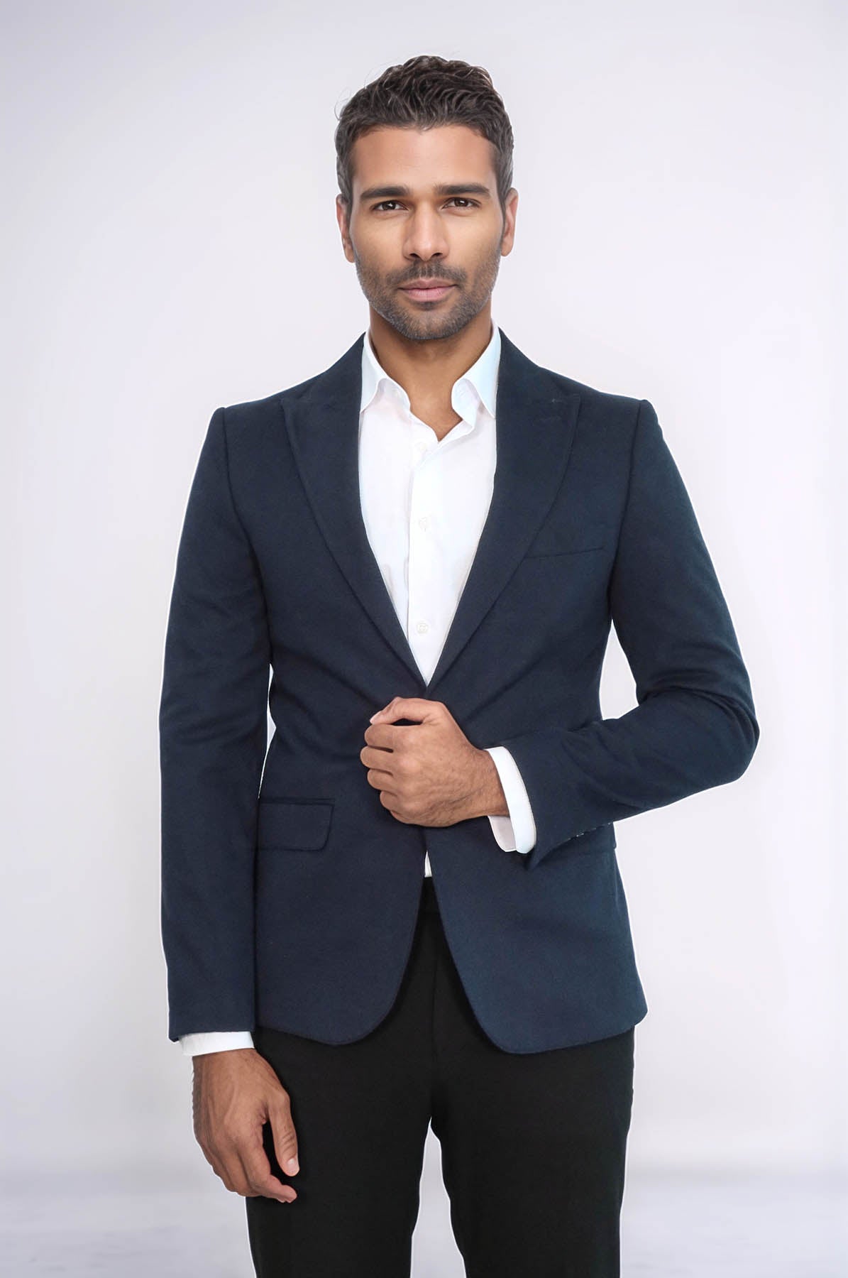 Peak Lapel Single Button Plain Navy Blue Men Blazer