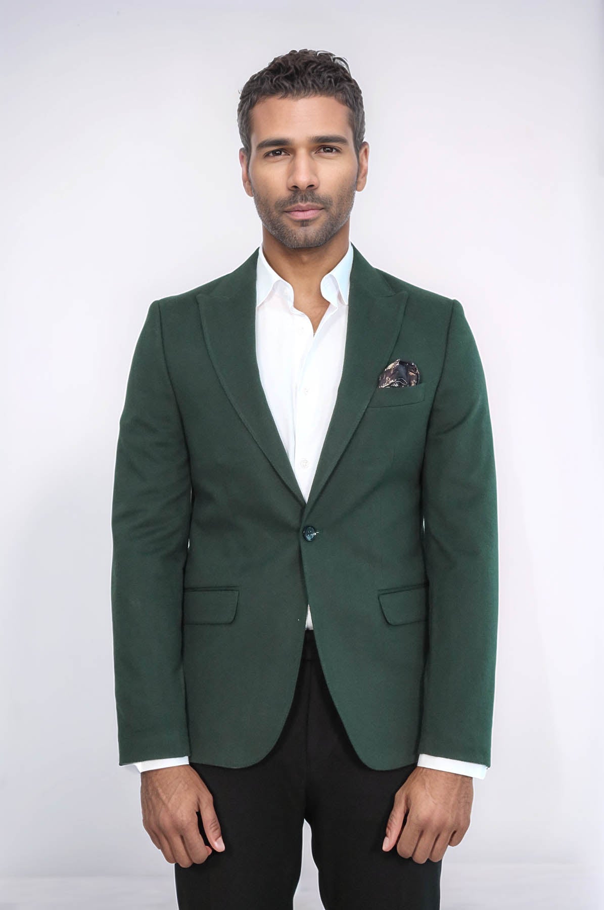 Peak Lapel Single Button Plain Green Men Blazer