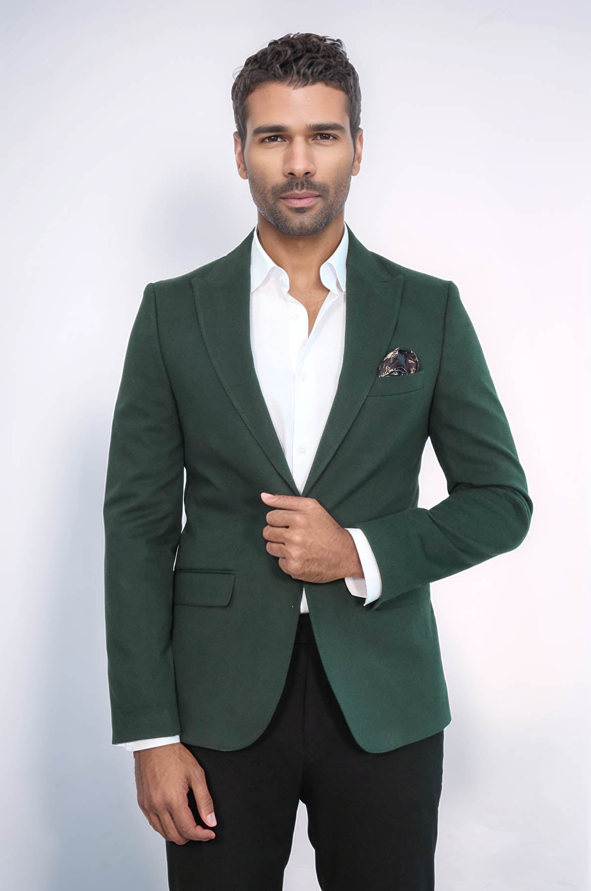 Peak Lapel Single Button Plain Green Men Blazer