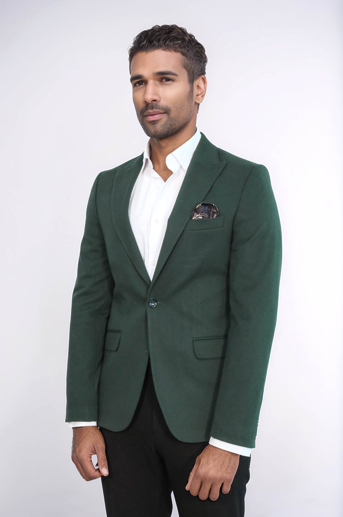 Peak Lapel Single Button Plain Green Men Blazer