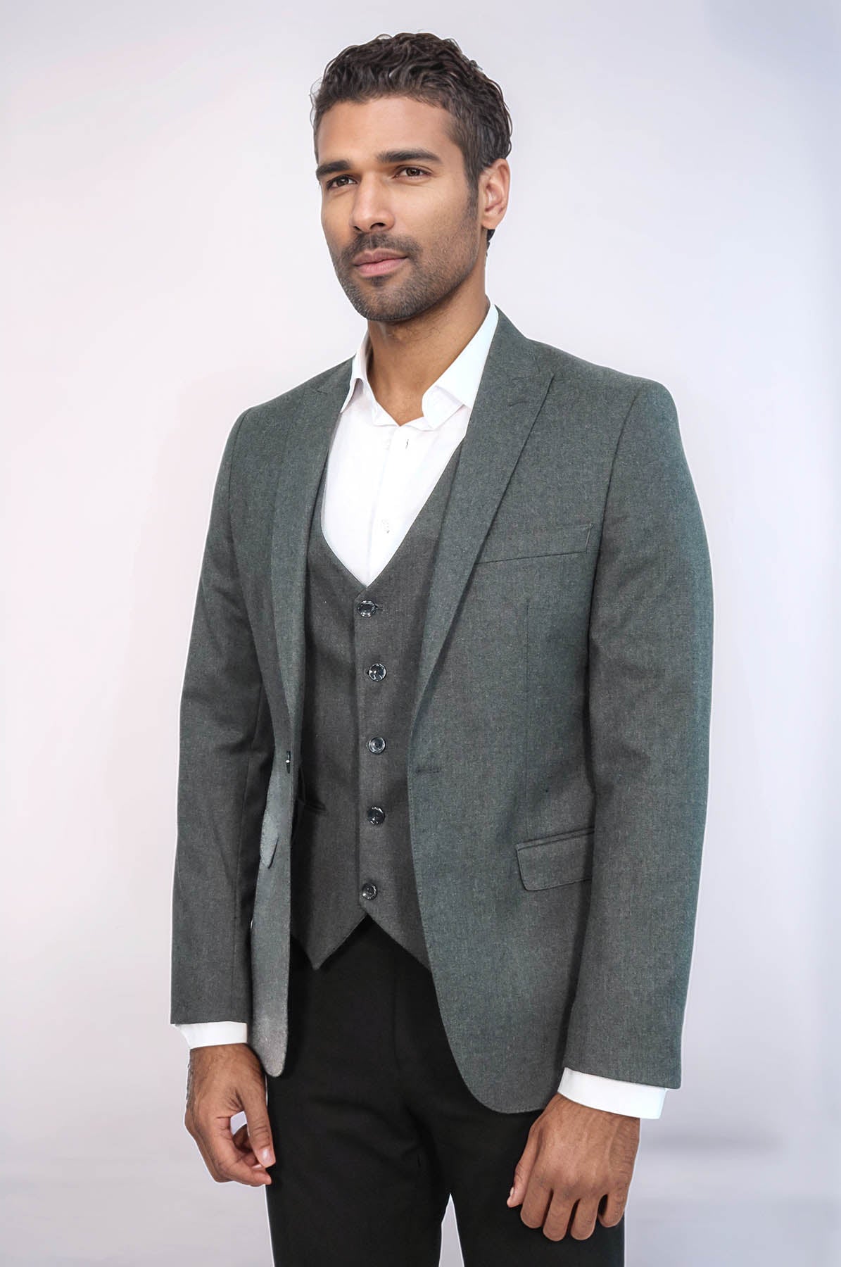 Grey Plain Blazer and Vest Set
